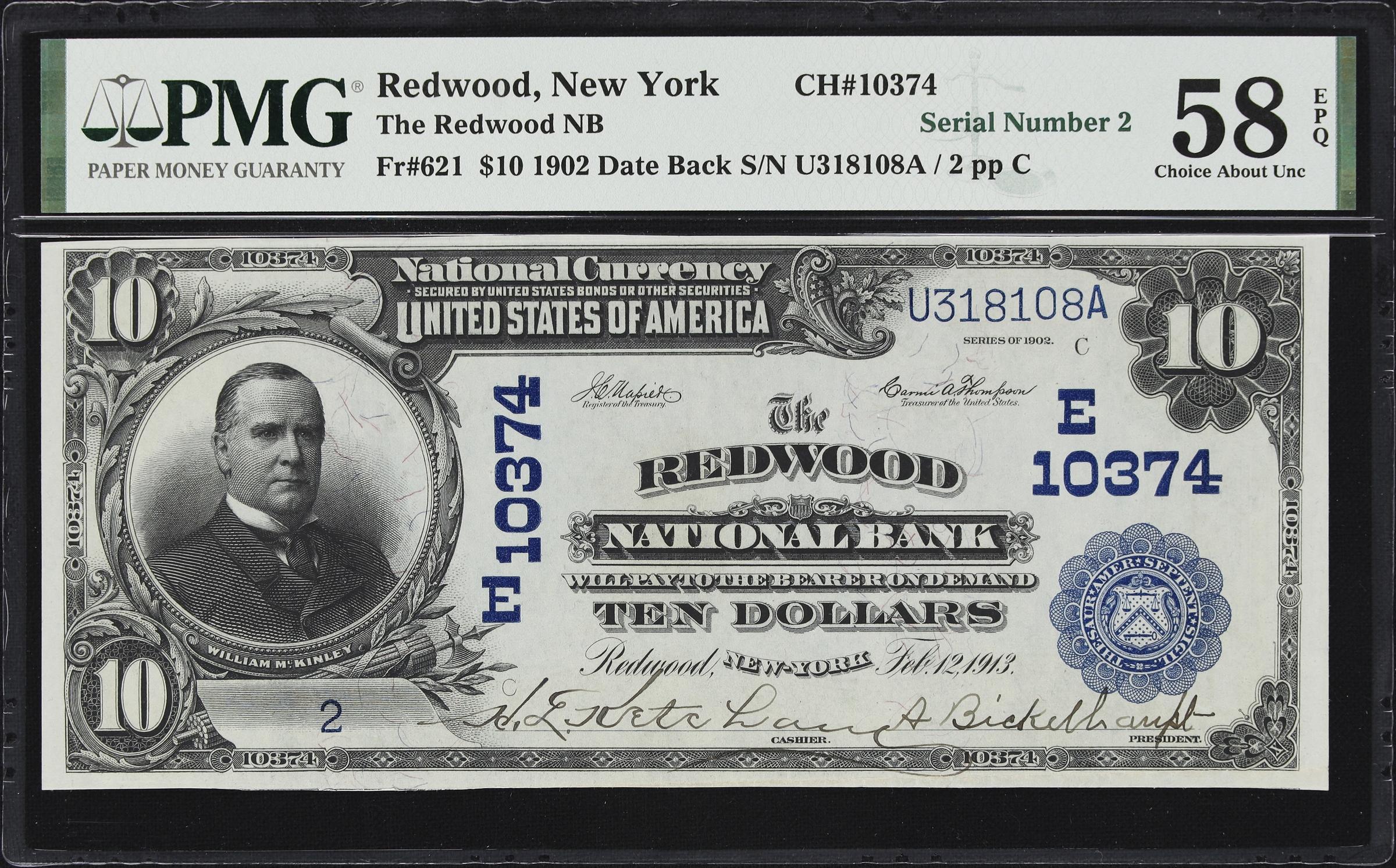 image for: Redwood, New York. 1902 Date Back $10 Fr. 621. Redwood NB. Charter #10374. PMG Choice About Uncirculated 58 EPQ. Serial Number 2.