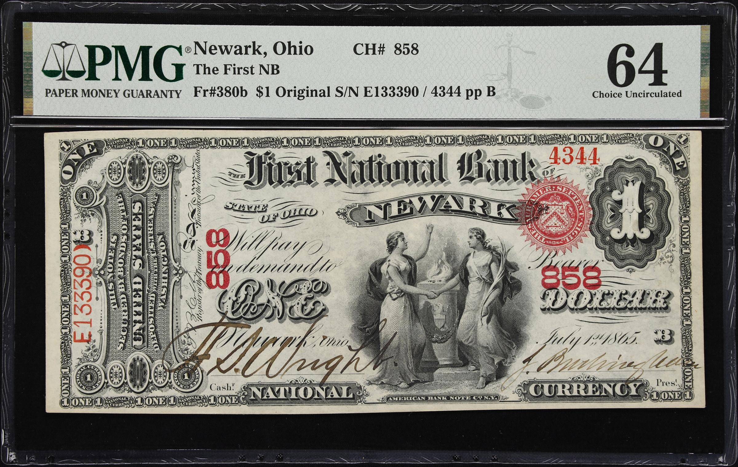 image for: Newark, Ohio. $1 Original. Fr. 380b. First NB. Charter #858. PMG Choice Uncirculated 64.