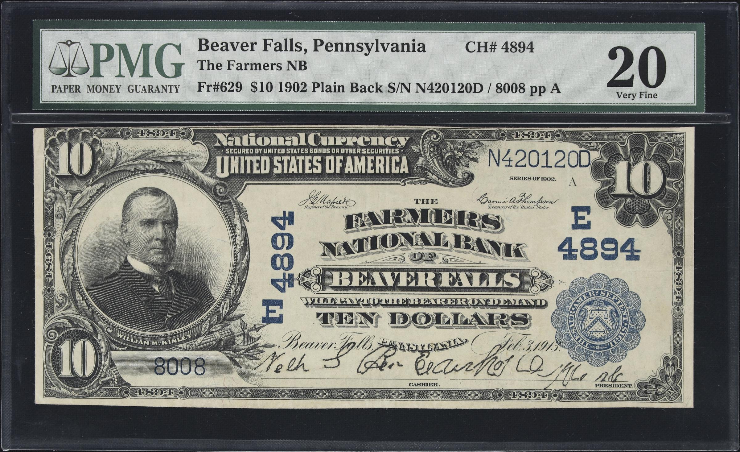 image for: Beaver Falls, Pennsylvania. $10 1902 Plain Back. Fr. 629. Farmers NB. Charter #4894. PMG Very Fine 20.