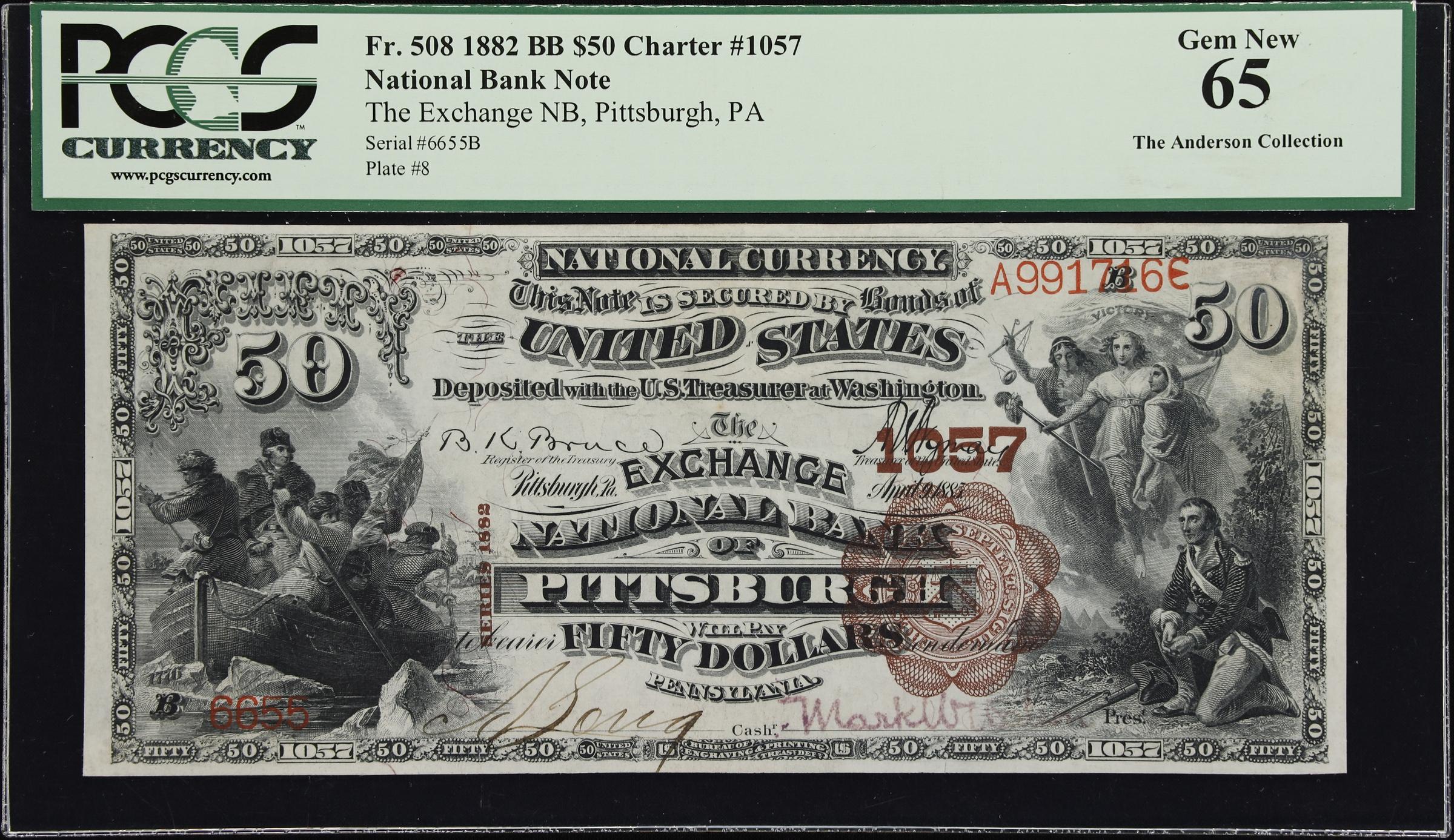 image for: Pittsburgh, Pennsylvania. $50 1882 Brown Back. Fr. 508. Exchange NB. Charter #1057. PCGS Currency Gem New 65.