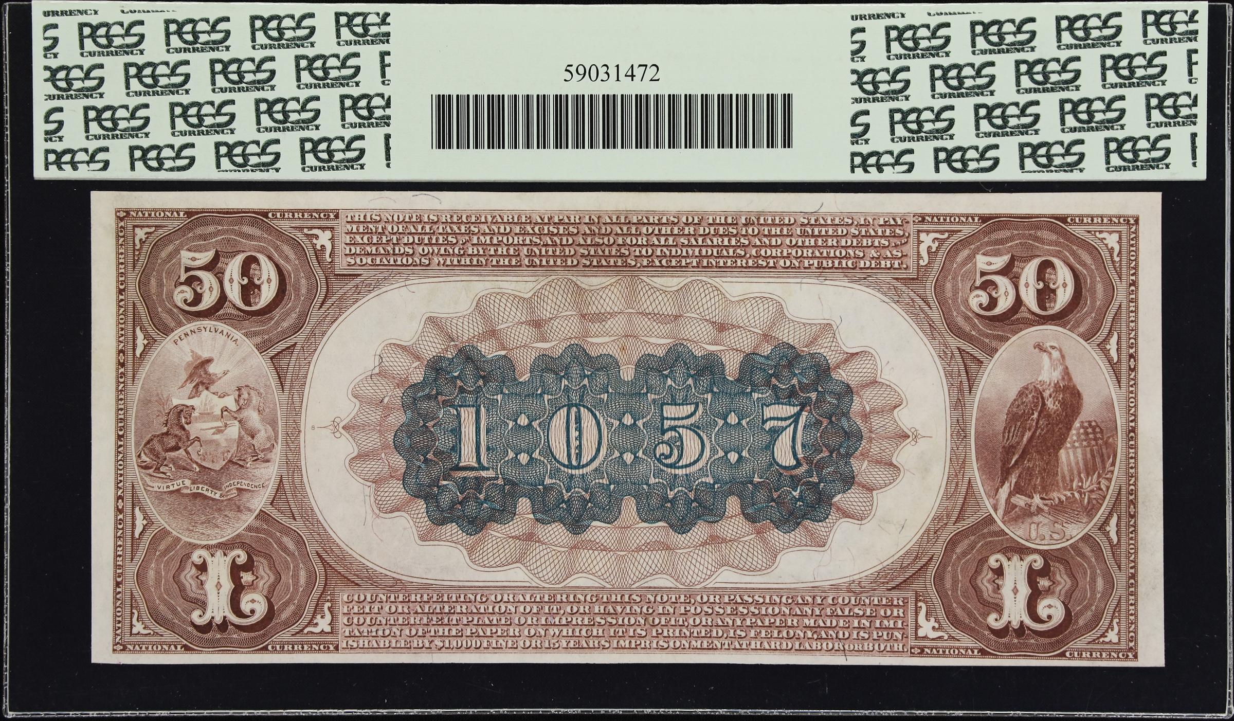 image for: Pittsburgh, Pennsylvania. $50 1882 Brown Back. Fr. 508. Exchange NB. Charter #1057. PCGS Currency Gem New 65.