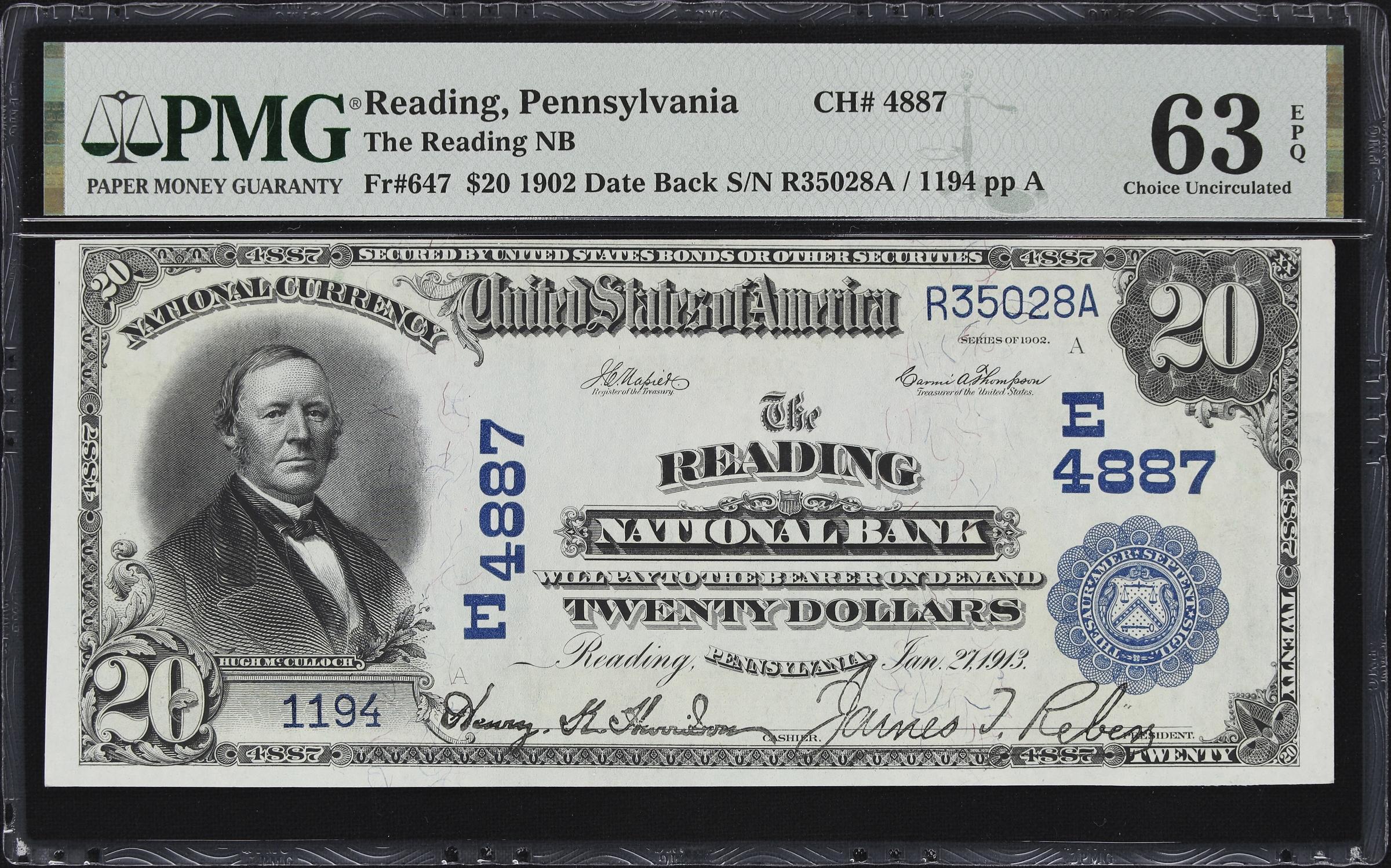 image for: Reading, Pennsylvania. $20 1902 Date Back. Fr. 647. Reading NB. Charter #4887. PMG Choice Uncirculated 63 EPQ.