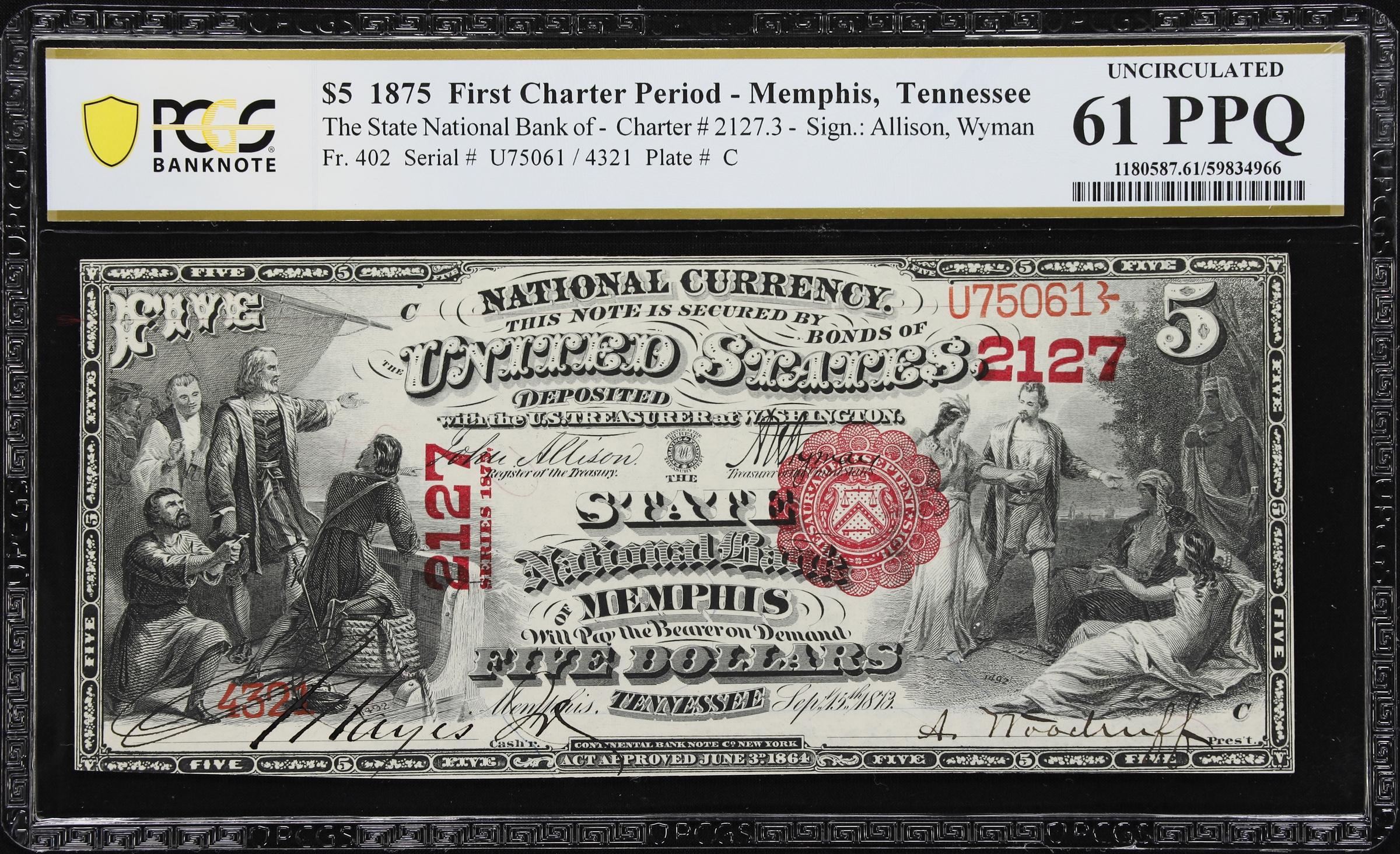 image for: Memphis, Tennessee. $5 1875. Fr. 402. State NB. Charter #2127. PCGS Banknote Uncirculated 61 PPQ.