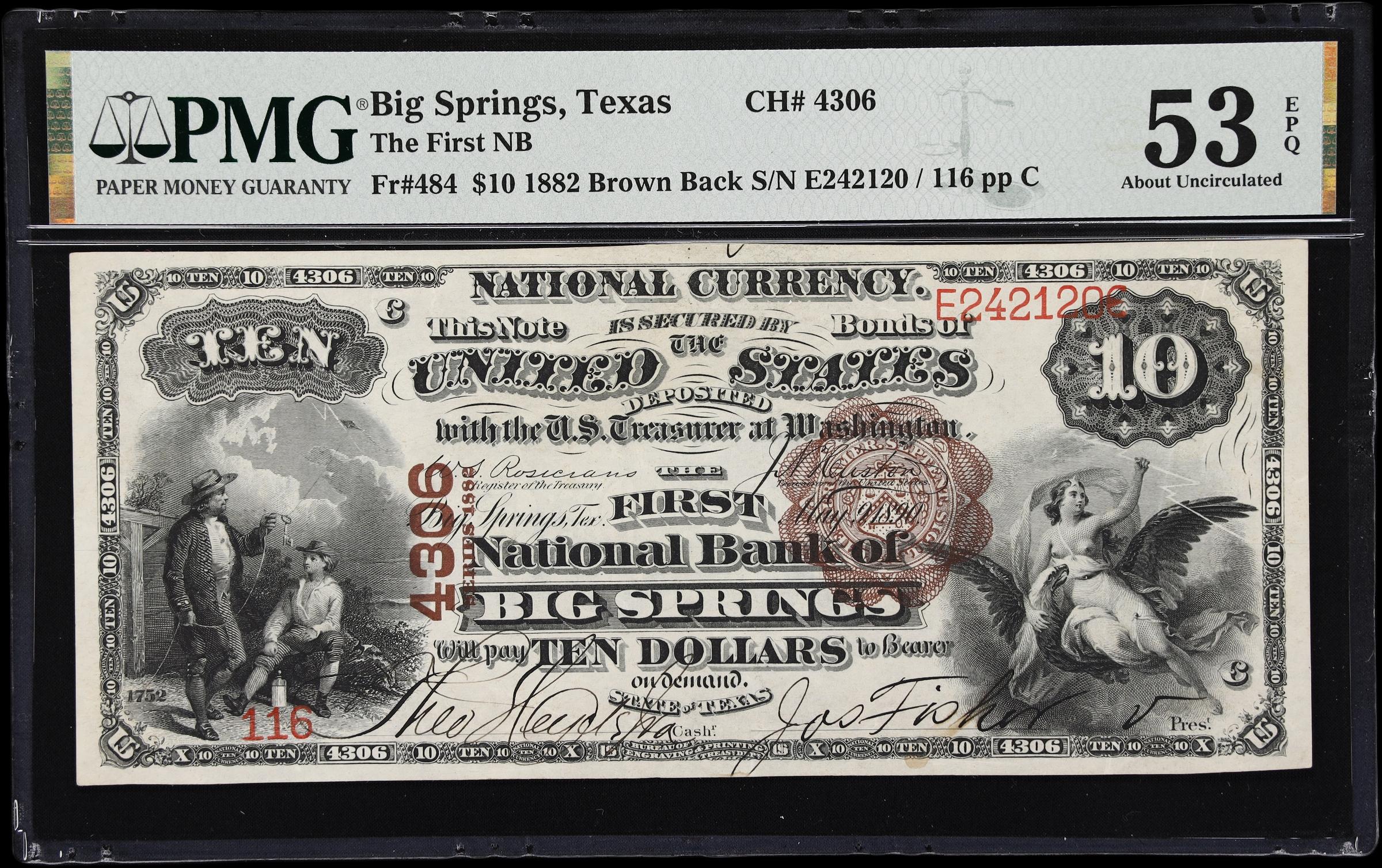 image for: Big Springs, Texas. $10 1882 Brown Back. Fr. 484. First NB. Charter #4306. PMG About Uncirculated 53 EPQ.