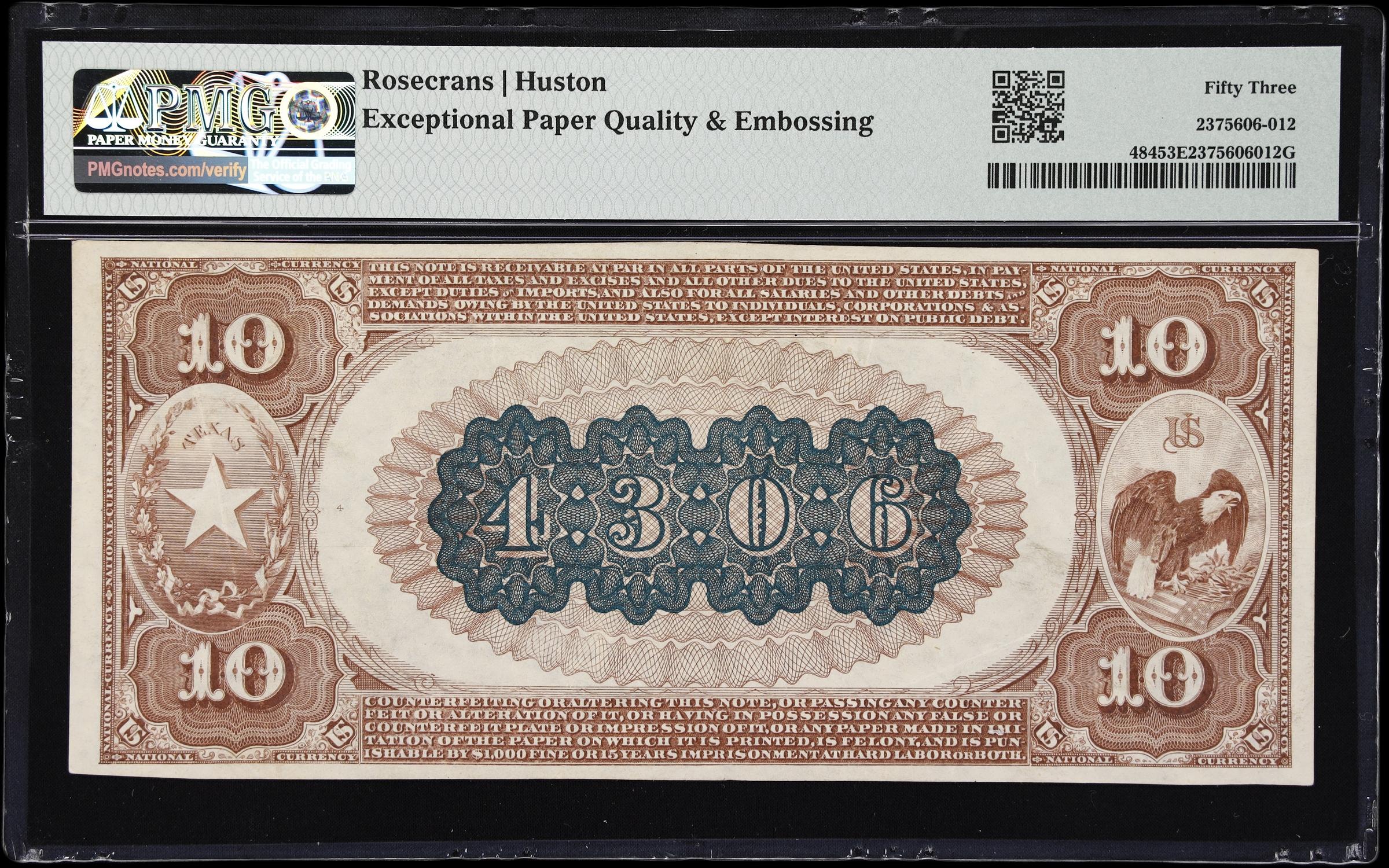 image for: Big Springs, Texas. $10 1882 Brown Back. Fr. 484. First NB. Charter #4306. PMG About Uncirculated 53 EPQ.