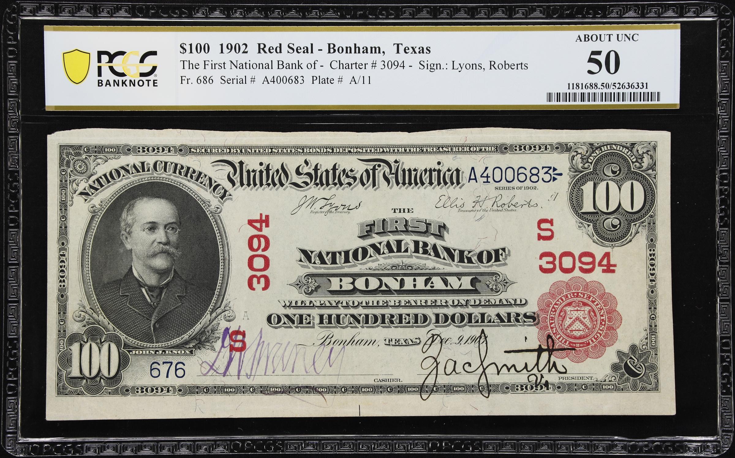 image for: Bonham, Texas. $100 1902 Red Seal. Fr. 686. First NB. Charter #3094. PCGS Banknote About Uncirculated 50.
