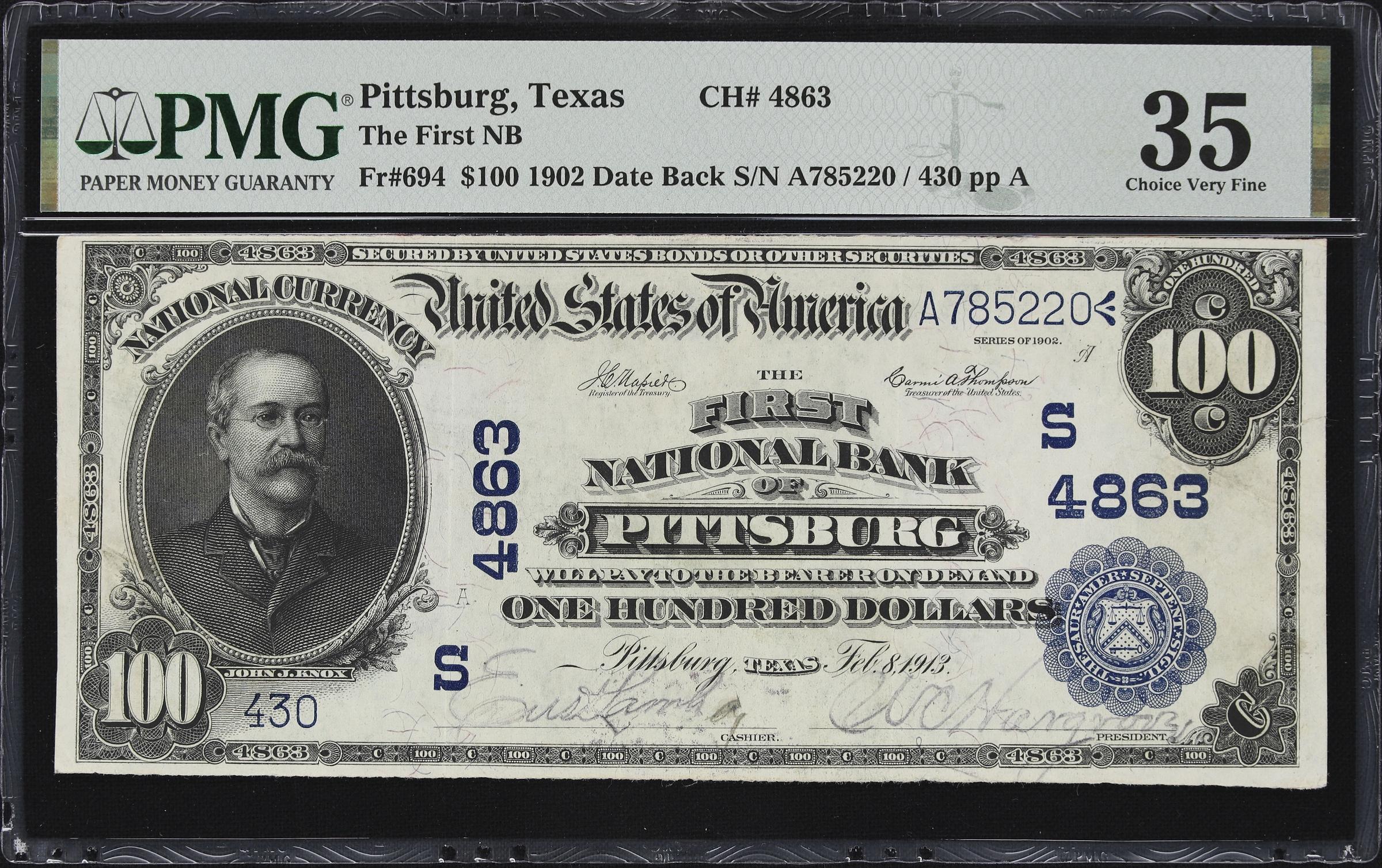 image for: Pittsburg, Texas. $100 1902 Date Back. Fr. 694. First NB. Charter #4863. PMG Choice Very Fine 35.