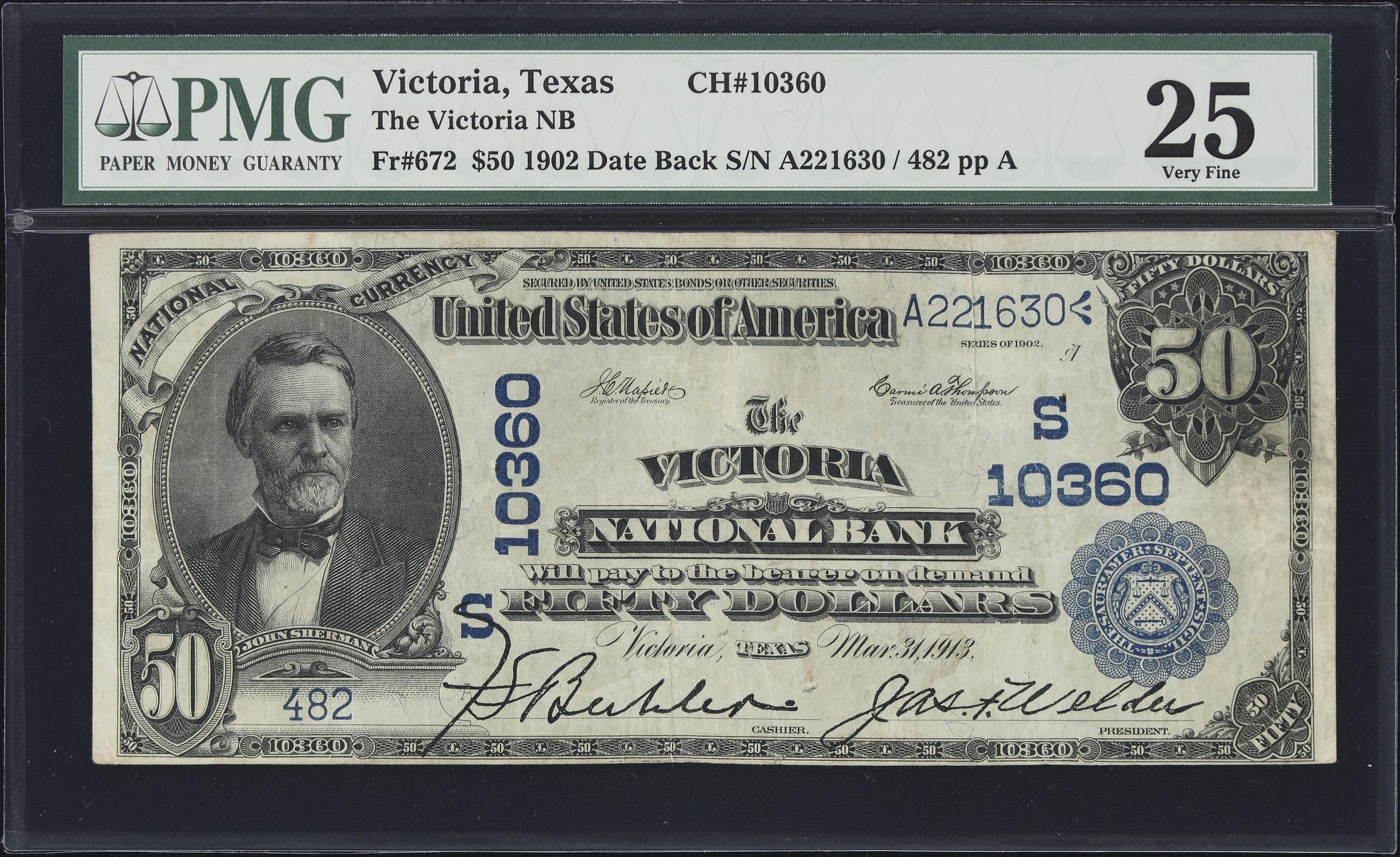 image for: Victoria, Texas. $50 1902 Date Back. Fr. 672. Victoria NB. Charter #10360. PMG Very Fine 25.