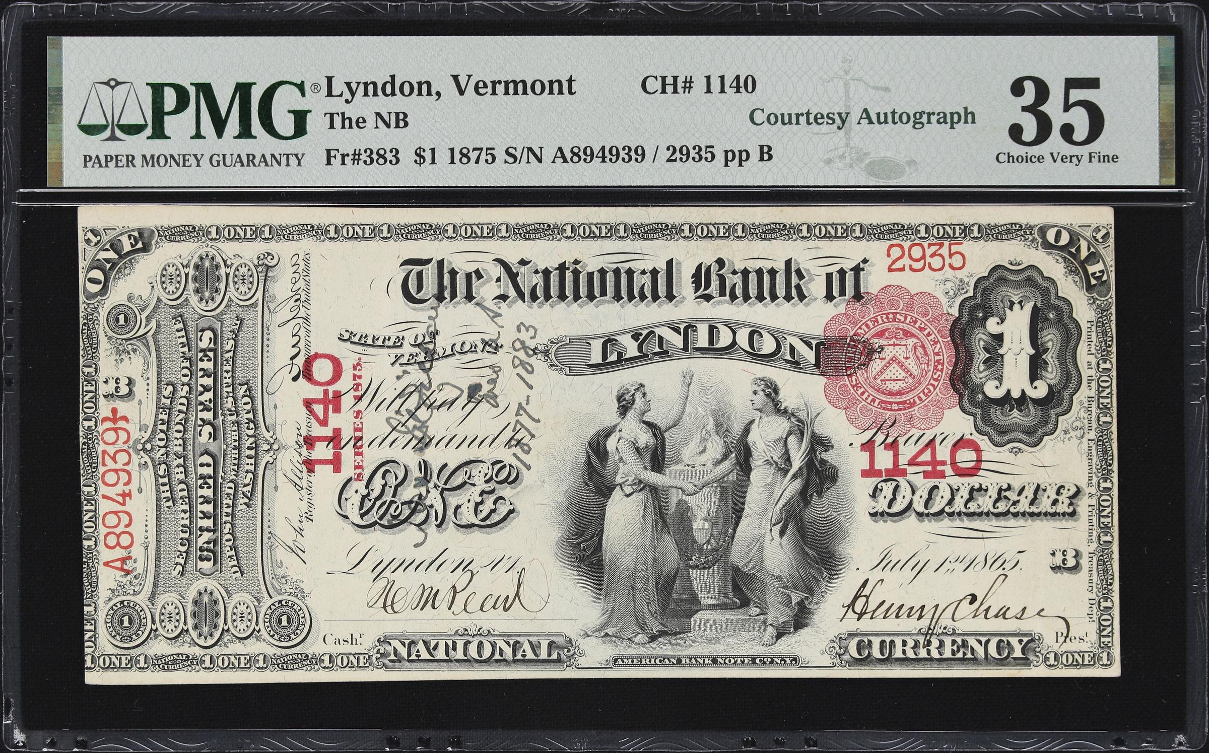 image for: Lyndon, Vermont. $1 1875. Fr. 383. NB. Charter #1140. PMG Choice Very Fine 35. James Gilfillan Courtesy Autograph.