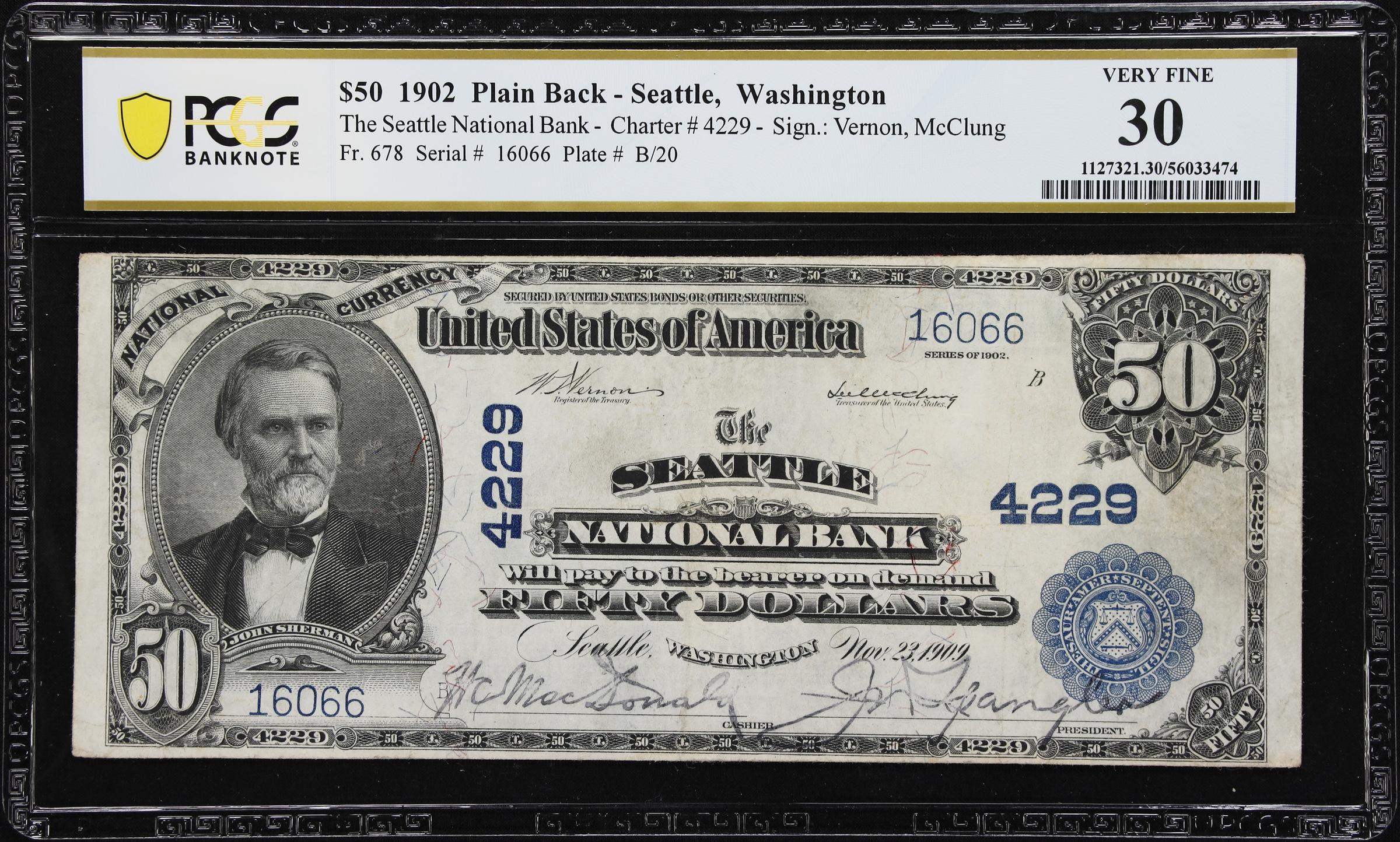 image for: Seattle, Washington. $50 1902 Plain Back. Fr. 678. Seattle NB. Charter #4229. PCGS Banknote Very Fine 30.