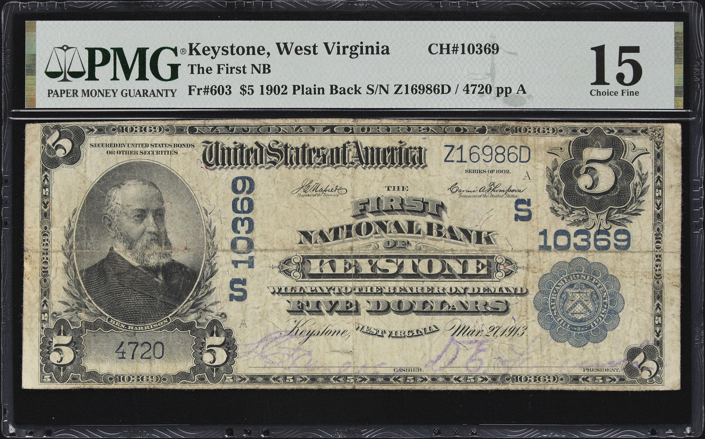 image for: Keystone, West Virginia. $5 1902 Plain Back. Fr. 603. First NB. Charter #10369. PMG Choice Fine 15.