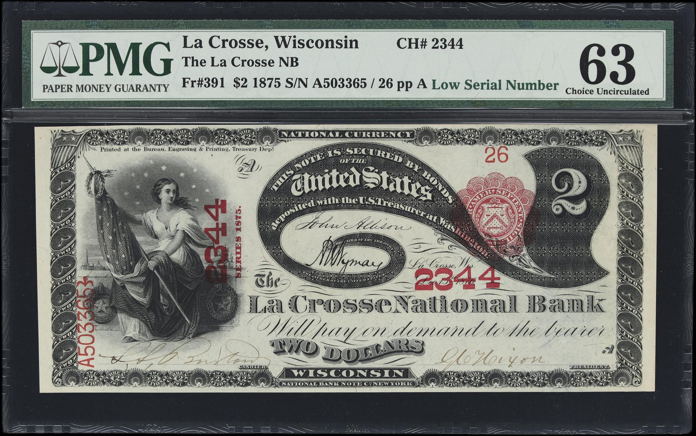 image for: La Crosse, Wisconsin. $2 1875. Fr. 391. La Crosse NB. Charter #2344. PMG Choice Uncirculated 63. Low Serial Number.