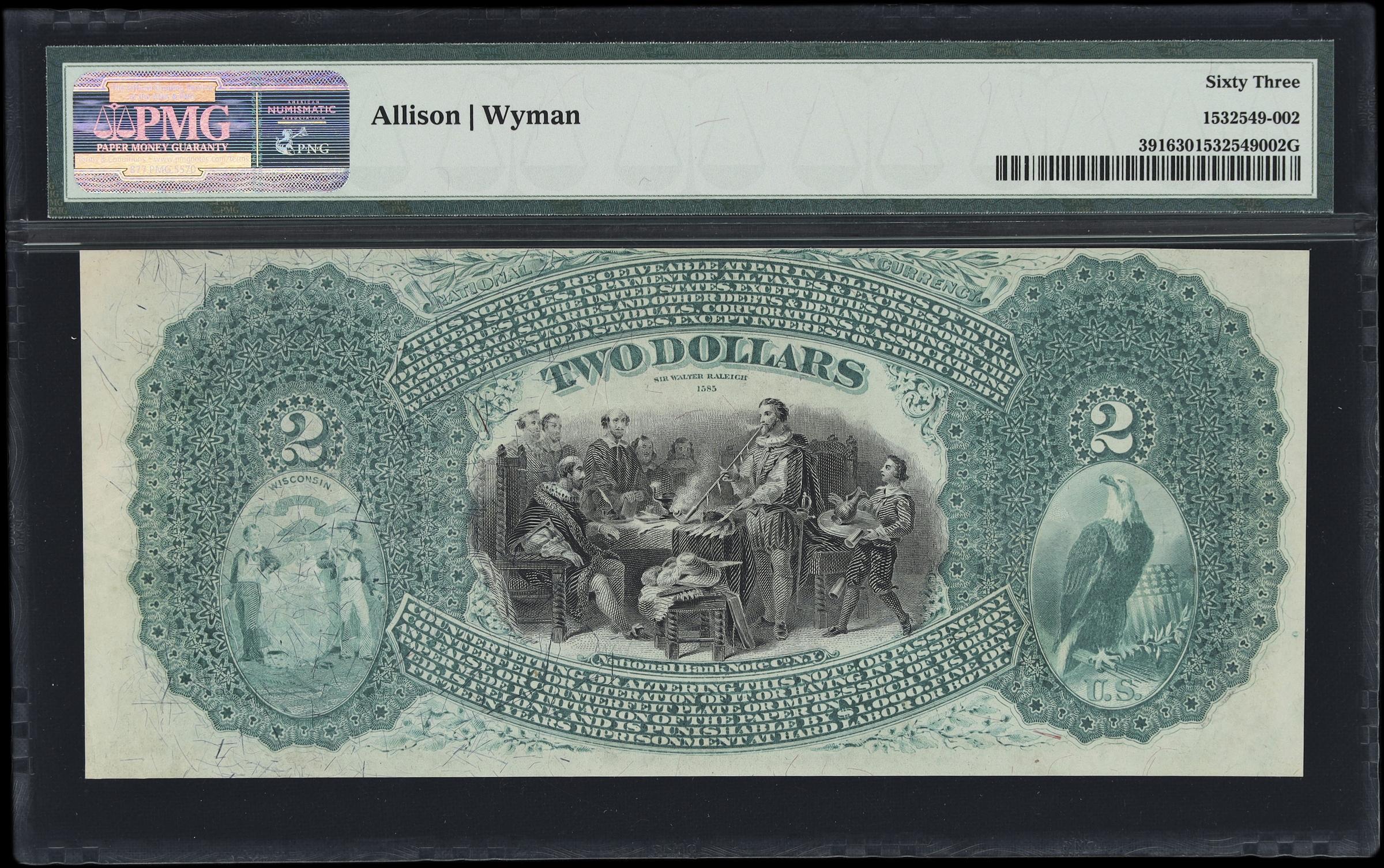 image for: La Crosse, Wisconsin. $2 1875. Fr. 391. La Crosse NB. Charter #2344. PMG Choice Uncirculated 63. Low Serial Number.