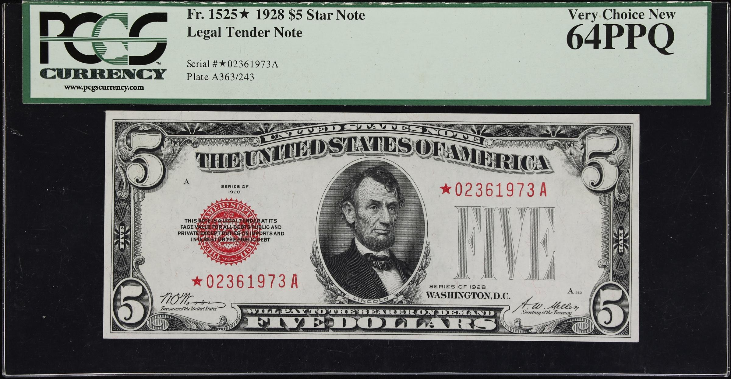 image for: Fr. 1525*. 1928 $5 Legal Tender Star Note. PCGS Currency Very Choice New 64 PPQ.