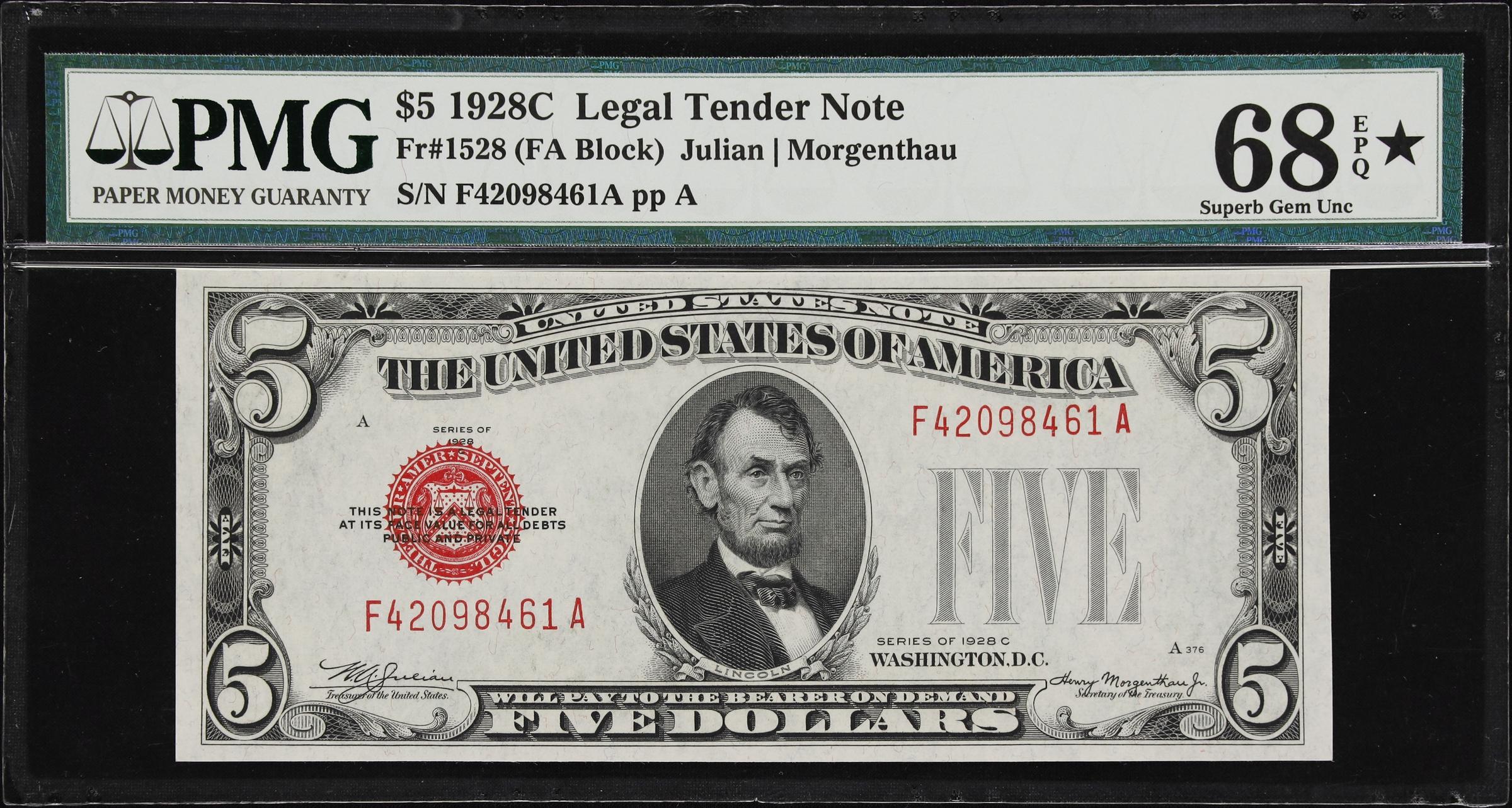 image for: Fr. 1528. 1928C $5 Legal Tender Note. PMG Superb Gem Uncirculated 68 EPQ*.
