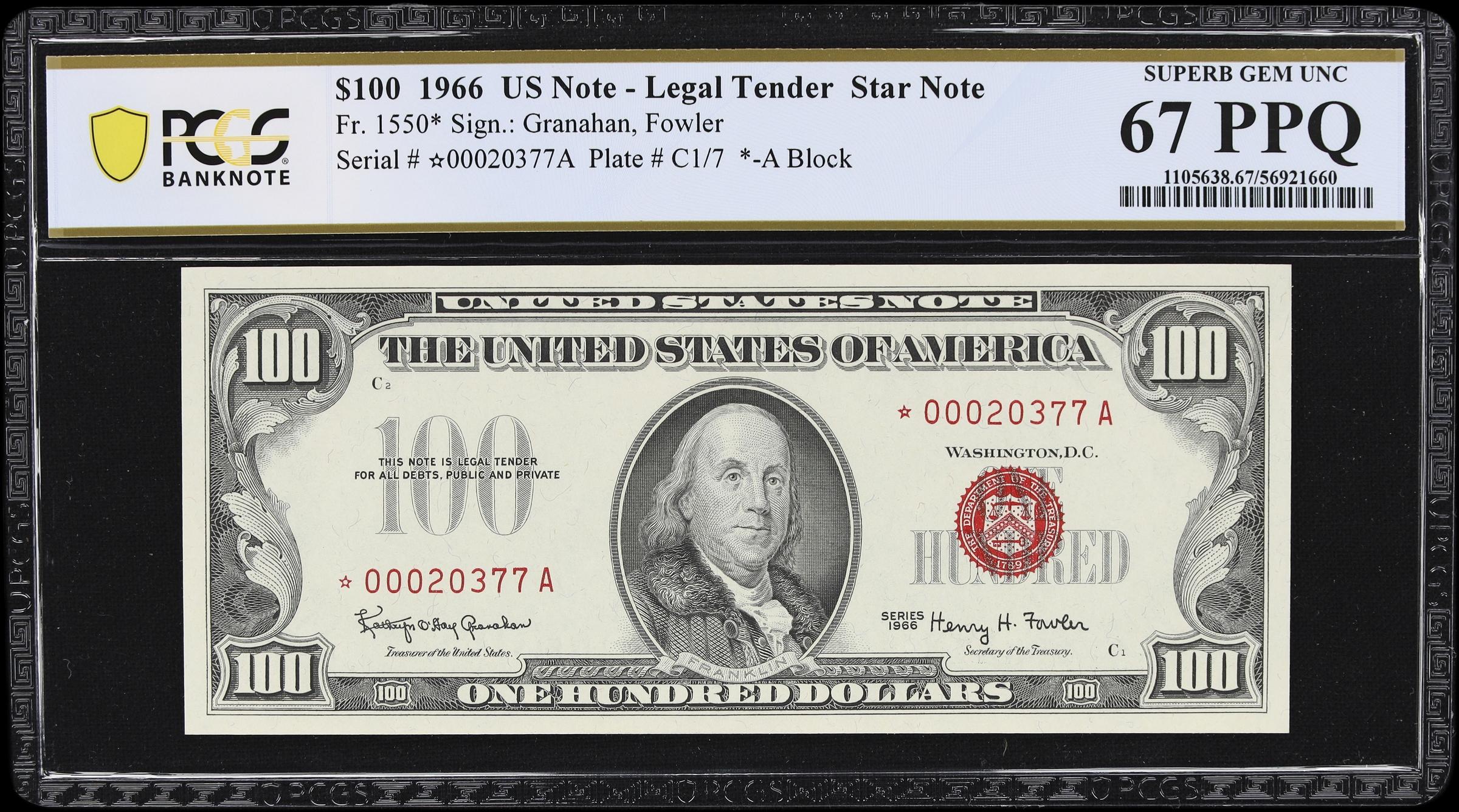 image for: Fr. 1550*. 1966 $100 Legal Tender Star Note. PCGS Banknote Superb Gem Uncirculated 67 PPQ.