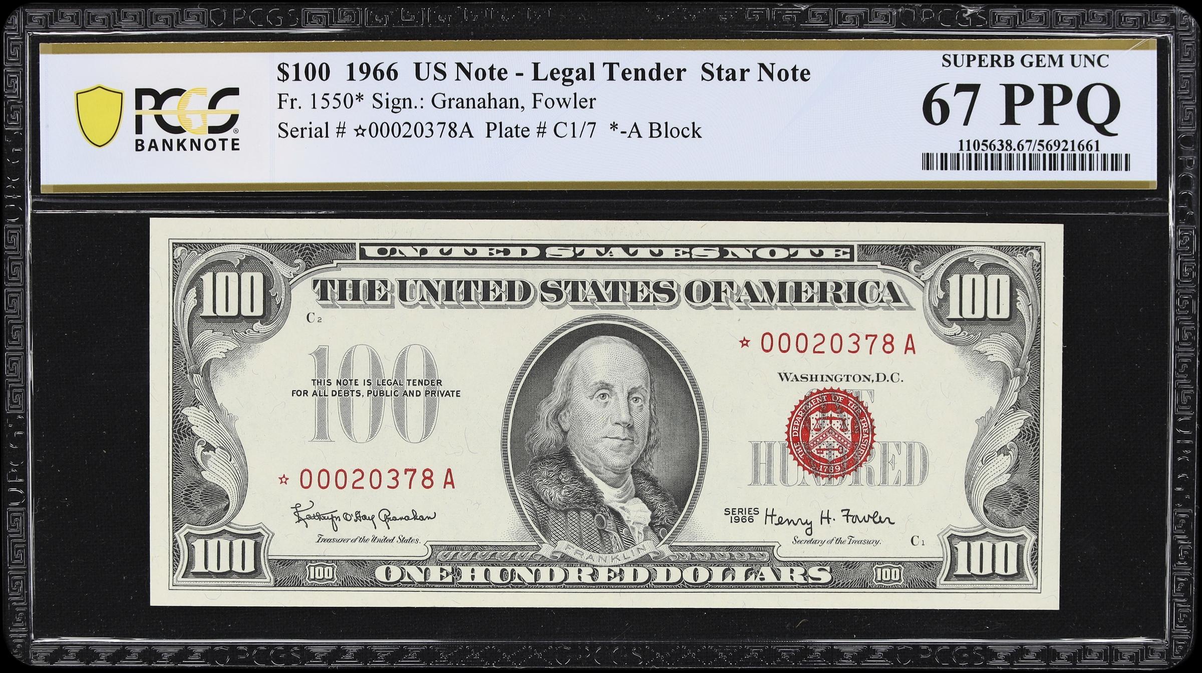 image for: Fr. 1550*. 1966 $100 Legal Tender Star Note. PCGS Banknote Superb Gem Uncirculated 67 PPQ.