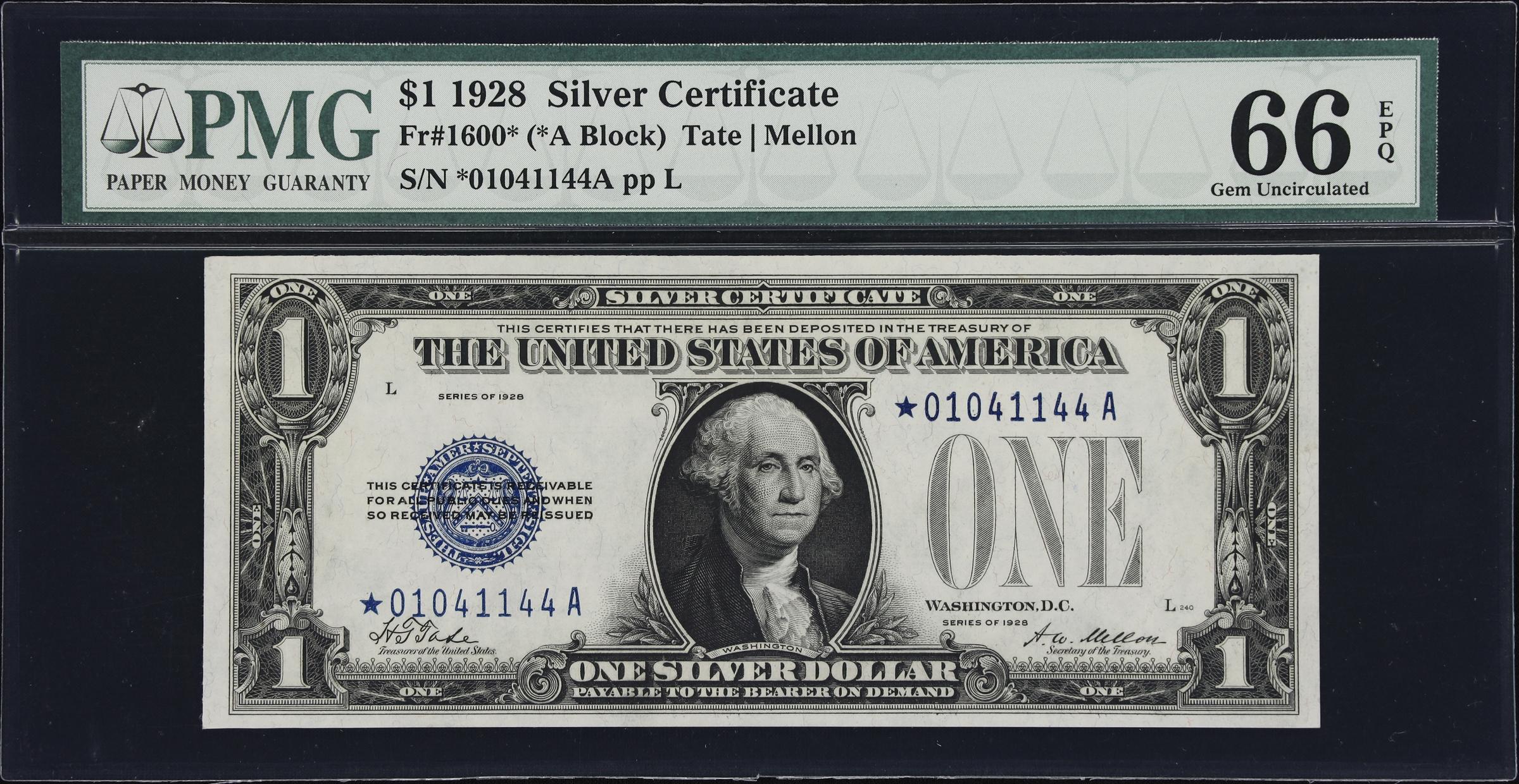 image for: Fr. 1600*. 1928 $1 Silver Certificate Star Note. PMG Gem Uncirculated 66 EPQ.
