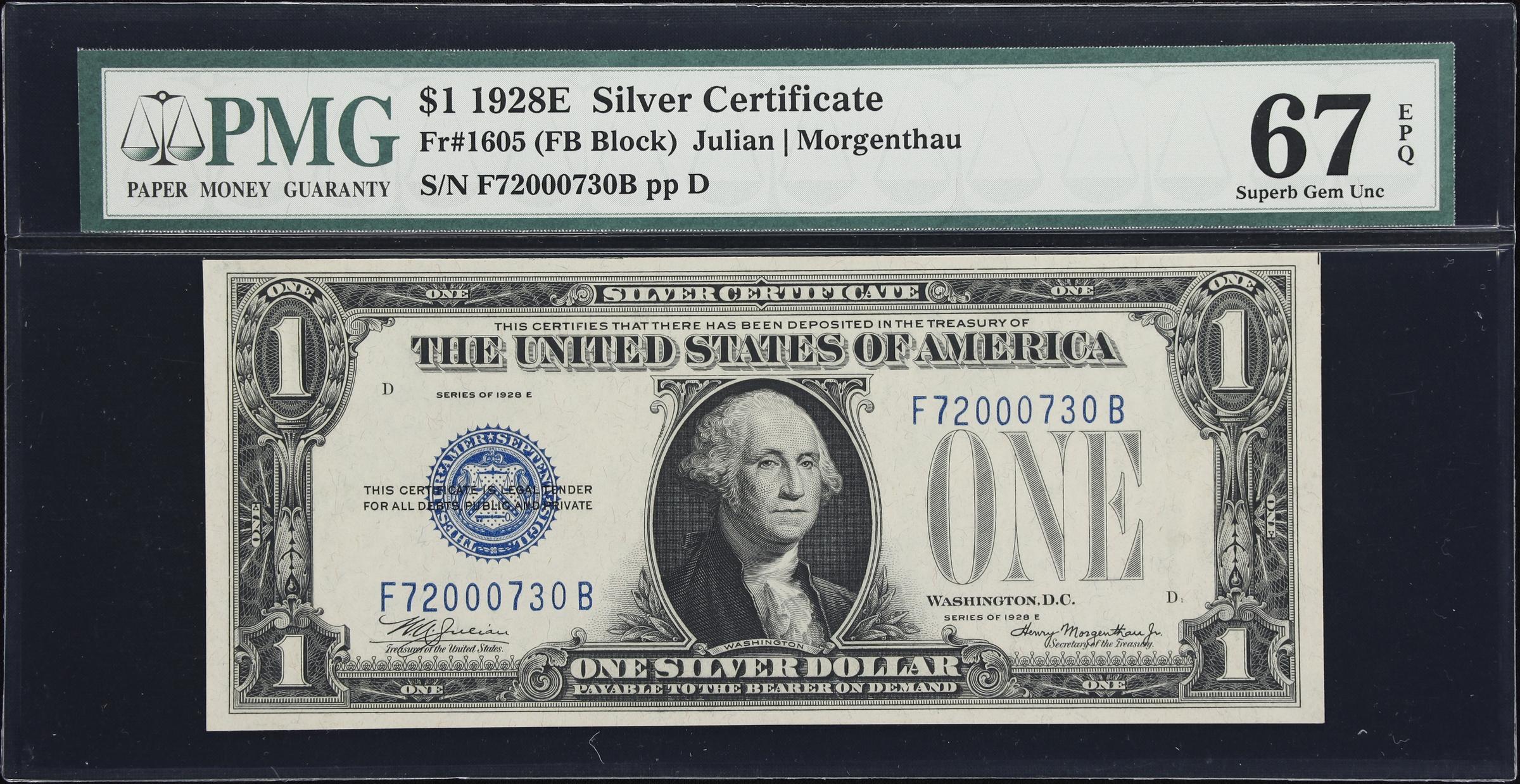 image for: Fr. 1605. 1928E $1 Silver Certificate. PMG Superb Gem Uncirculated 67 EPQ.