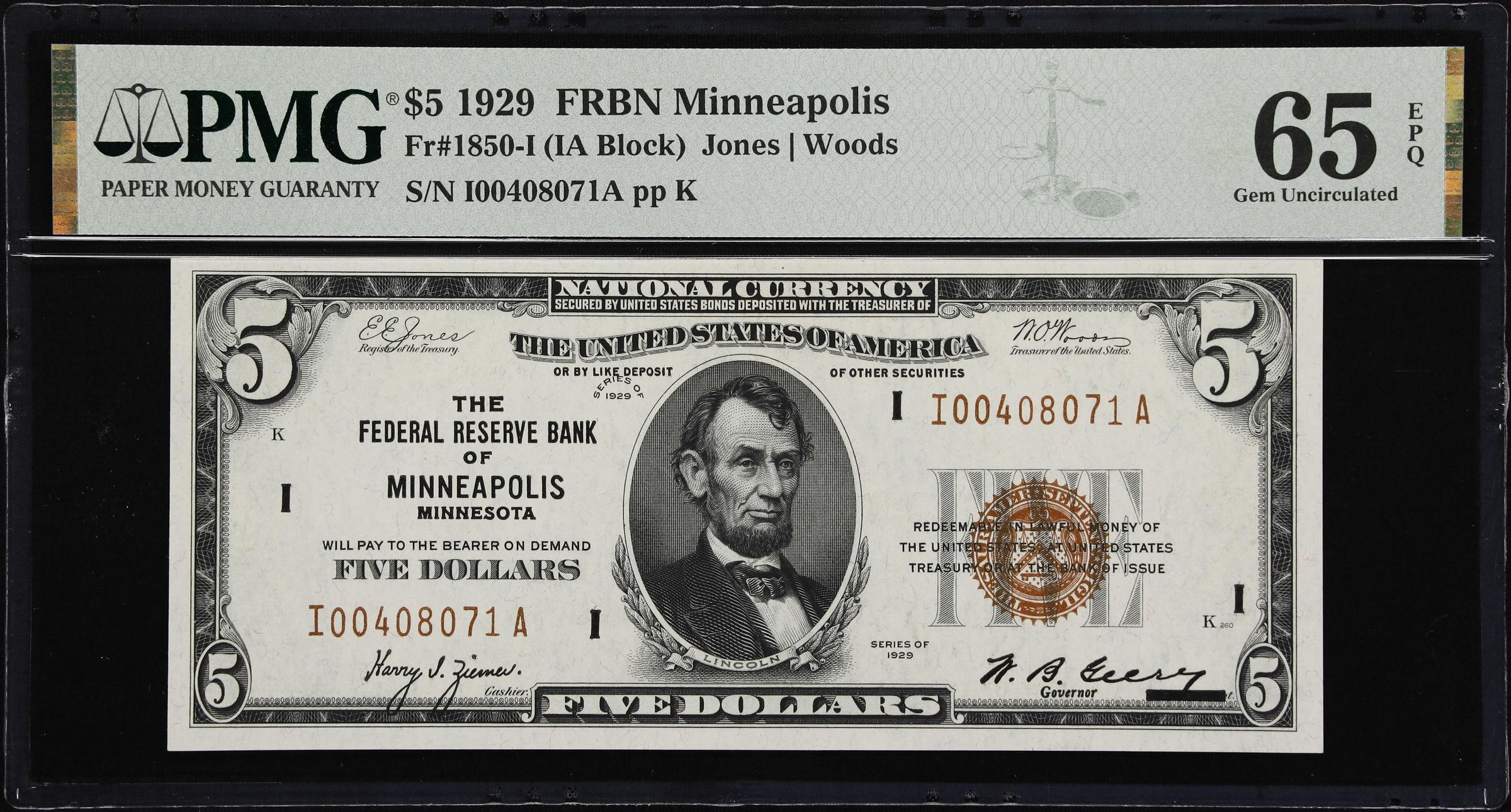 image for: Fr. 1850-I. 1929 $5 Federal Reserve Bank Note. Minneapolis. PMG Gem Uncirculated 65 EPQ.