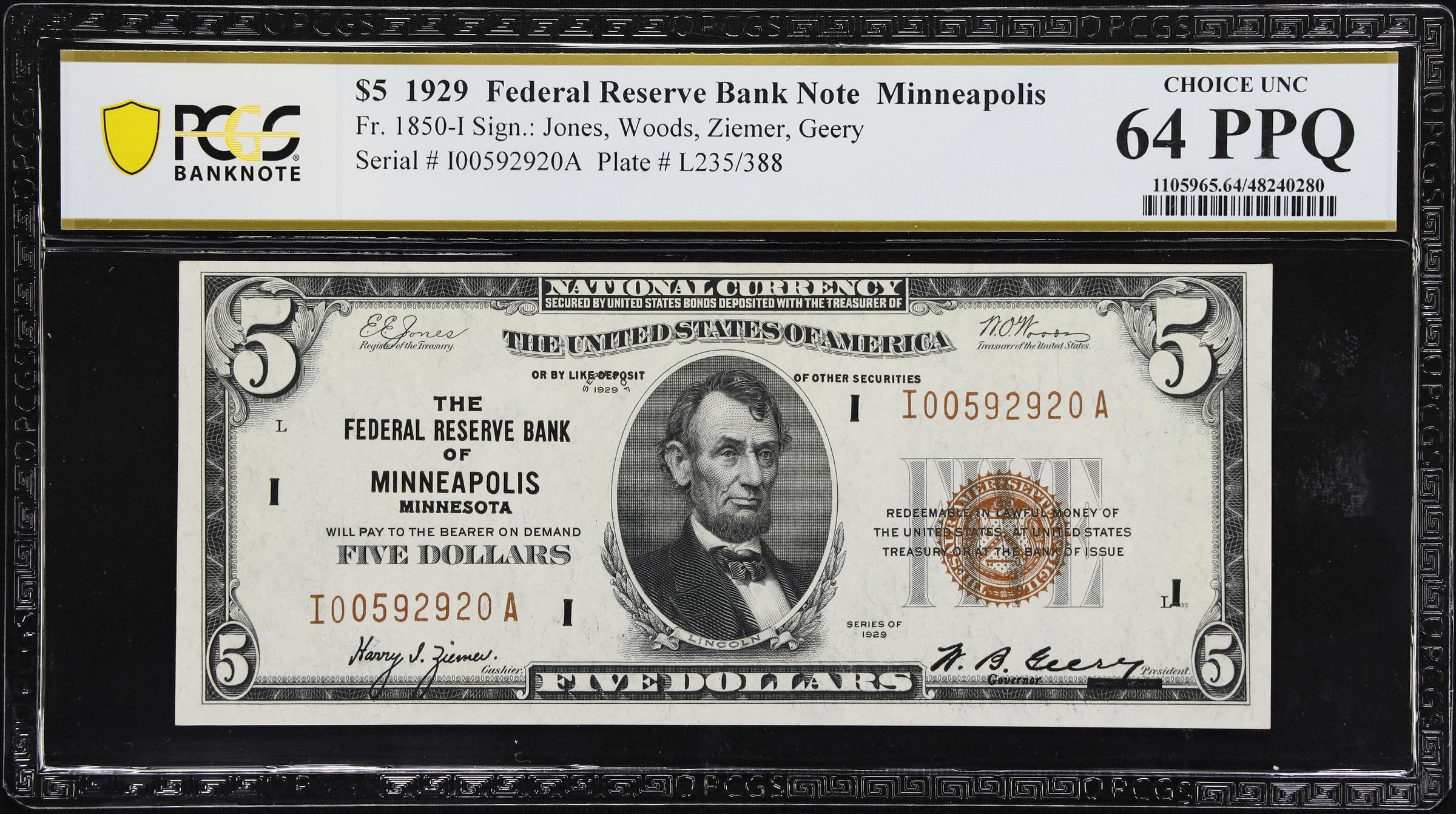 image for: Fr. 1850-I. 1929 $5 Federal Reserve Bank Note. Minneapolis. PCGS Banknote Choice Uncirculated 64 PPQ.