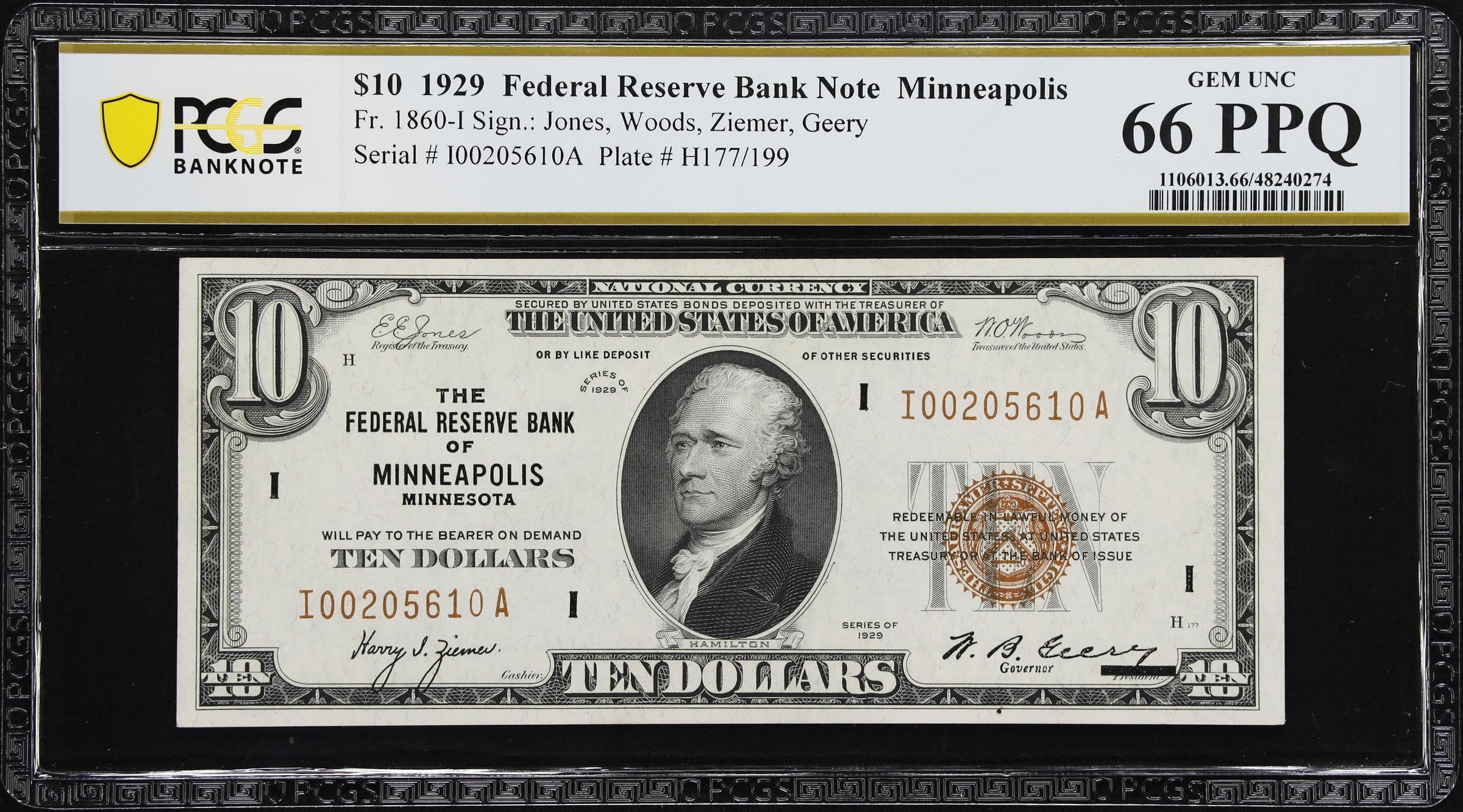 image for: Fr. 1860-I. 1929 $10 Federal Reserve Bank Note. Minneapolis. PCGS Banknote Gem Uncirculated 66 PPQ.