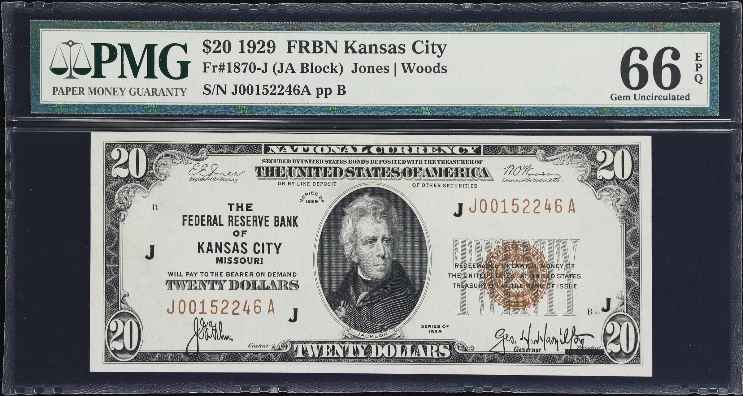 image for: Fr. 1870-J. 1929 $20 Federal Reserve Bank Note. Kansas City. PMG Gem Uncirculated 66 EPQ.