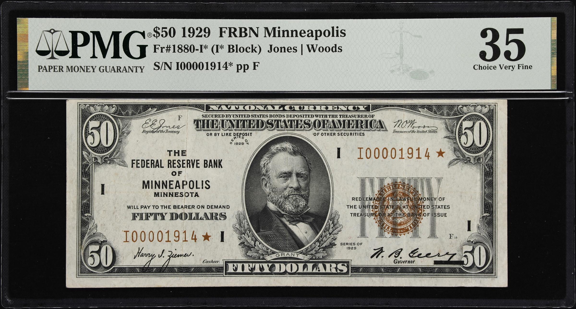 image for: Fr. 1880-I*. 1929 $50 Federal Reserve Bank Star Note. Minneapolis. PMG Choice Very Fine 35.