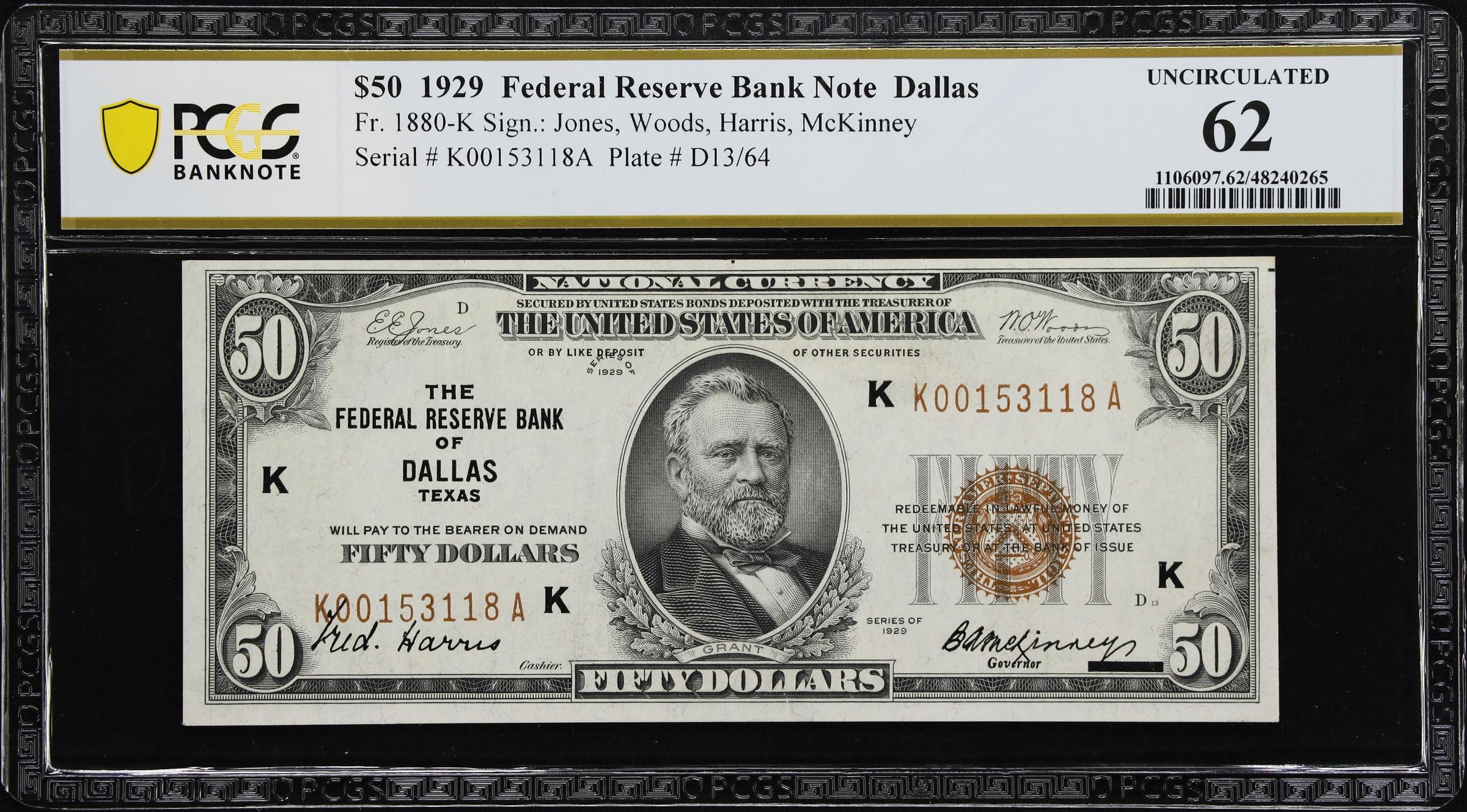 image for: Fr. 1880-K. 1929 $50 Federal Reserve Bank Note. Dallas. PCGS Banknote Uncirculated 62.