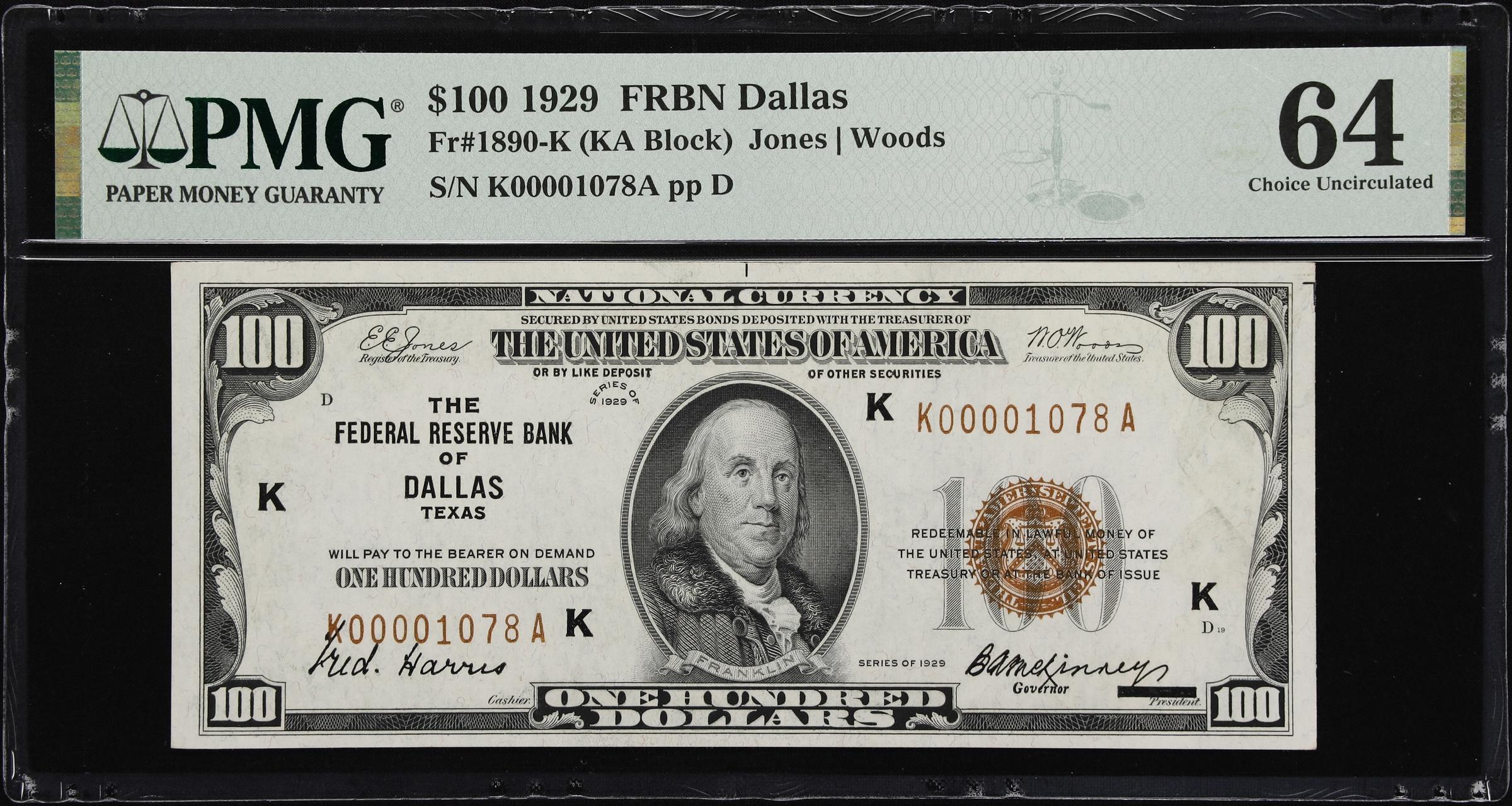 image for: Fr. 1890-K. 1929 $100 Federal Reserve Bank Note. Dallas. PMG Choice Uncirculated 64.