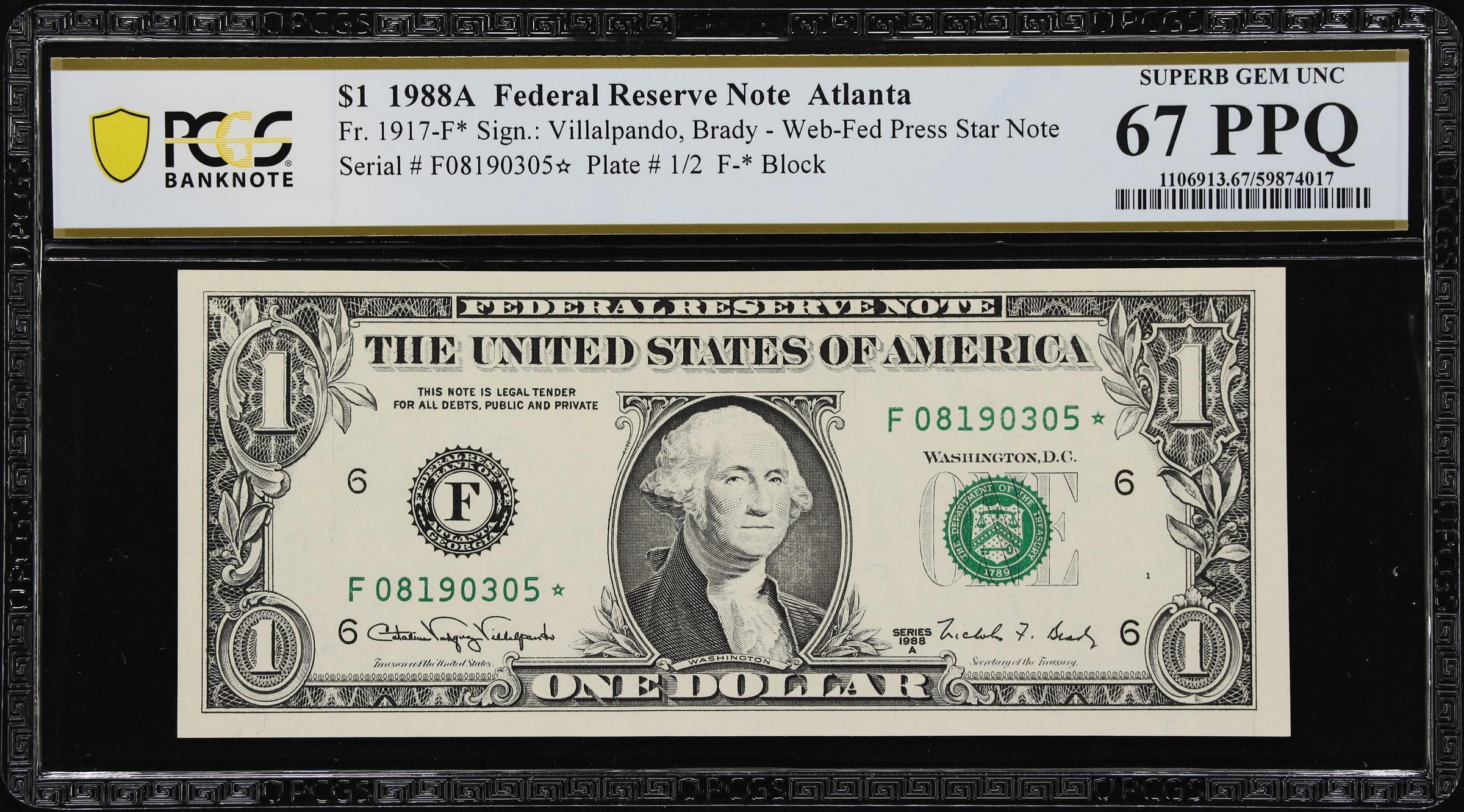 image for: Fr. 1917-F*. 1988A $1 Federal Reserve Web Star Note. Atlanta. PCGS Banknote Superb Gem Uncirculated 67 PPQ. Plate 1/2.