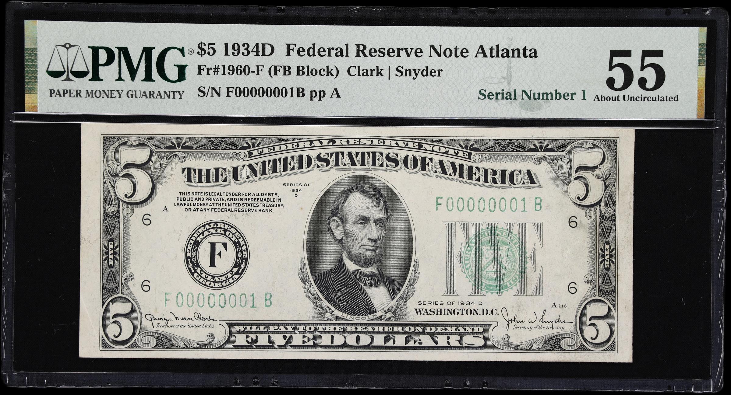image for: Fr. 1960-F. 1934D $5 Federal Reserve Note. Atlanta. PMG About Uncirculated 55. Serial Number 1.