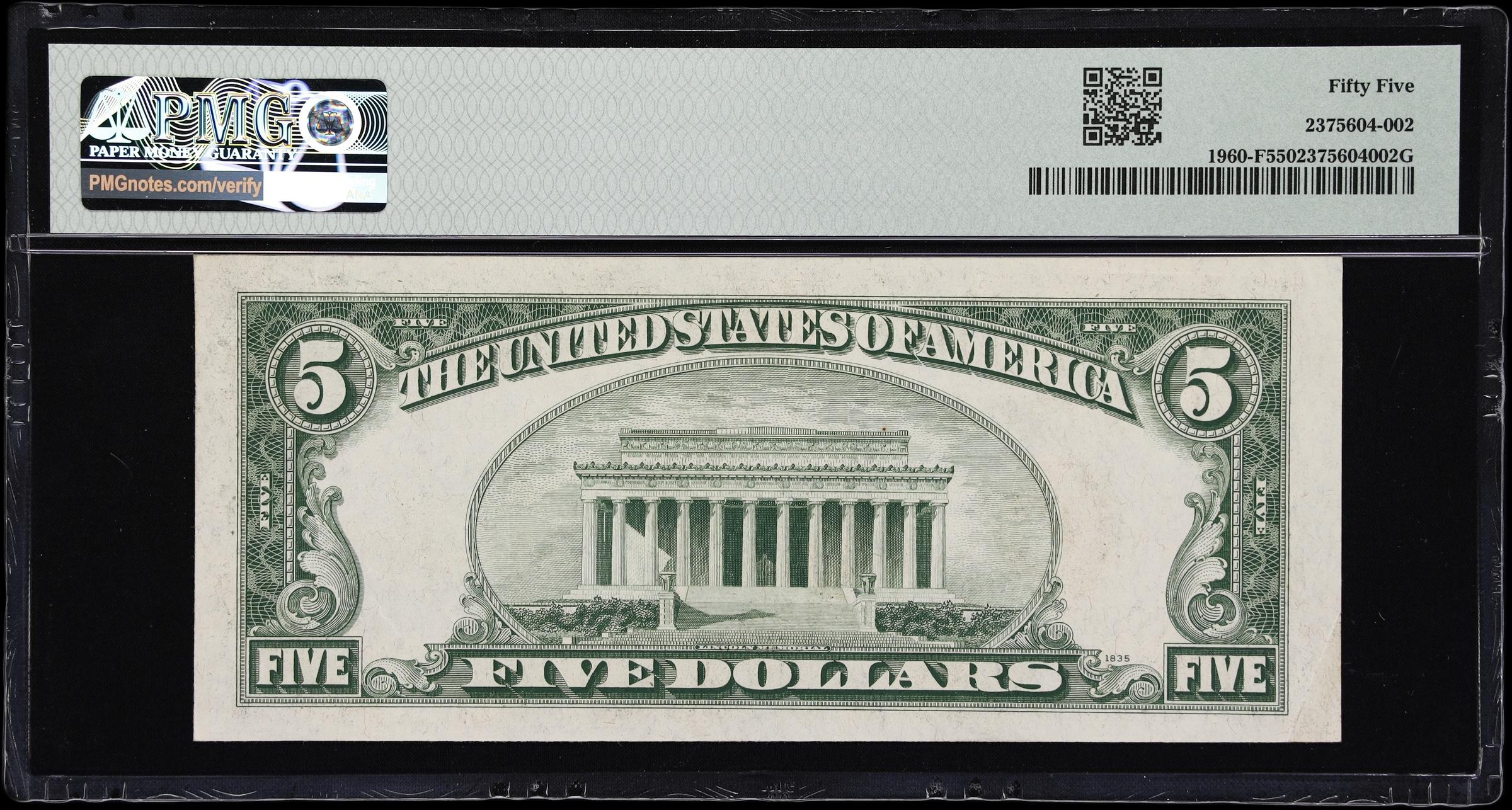 image for: Fr. 1960-F. 1934D $5 Federal Reserve Note. Atlanta. PMG About Uncirculated 55. Serial Number 1.