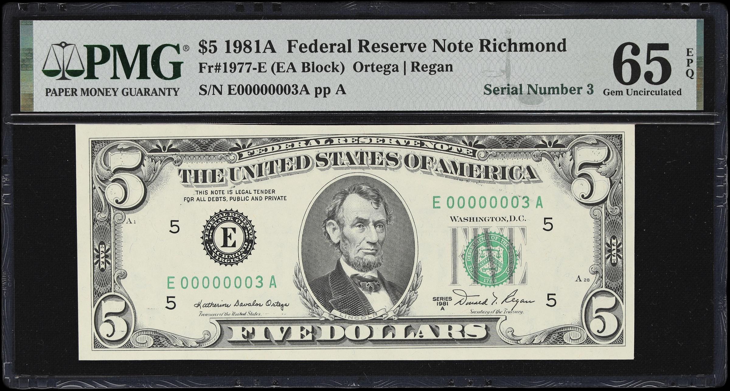 image for: Fr. 1977-E. 1981A $5 Federal Reserve Note. Richmond. PMG Gem Uncirculated 65 EPQ. Serial Number 3.