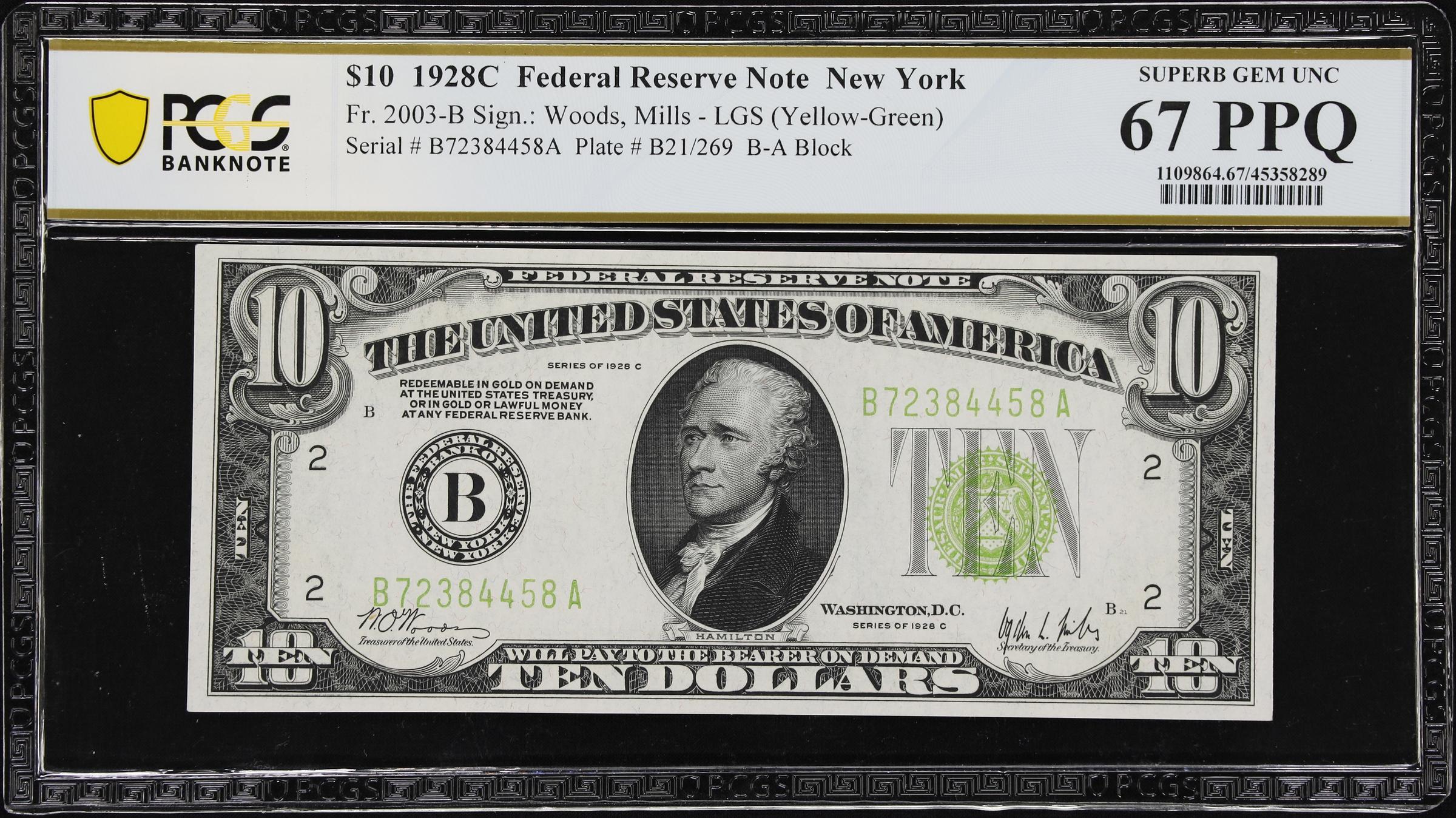 image for: Fr. 2003-B. 1928C Light Green Seal $10 Federal Reserve Note. New York. PCGS Banknote Superb Gem Uncirculated 67 PPQ.