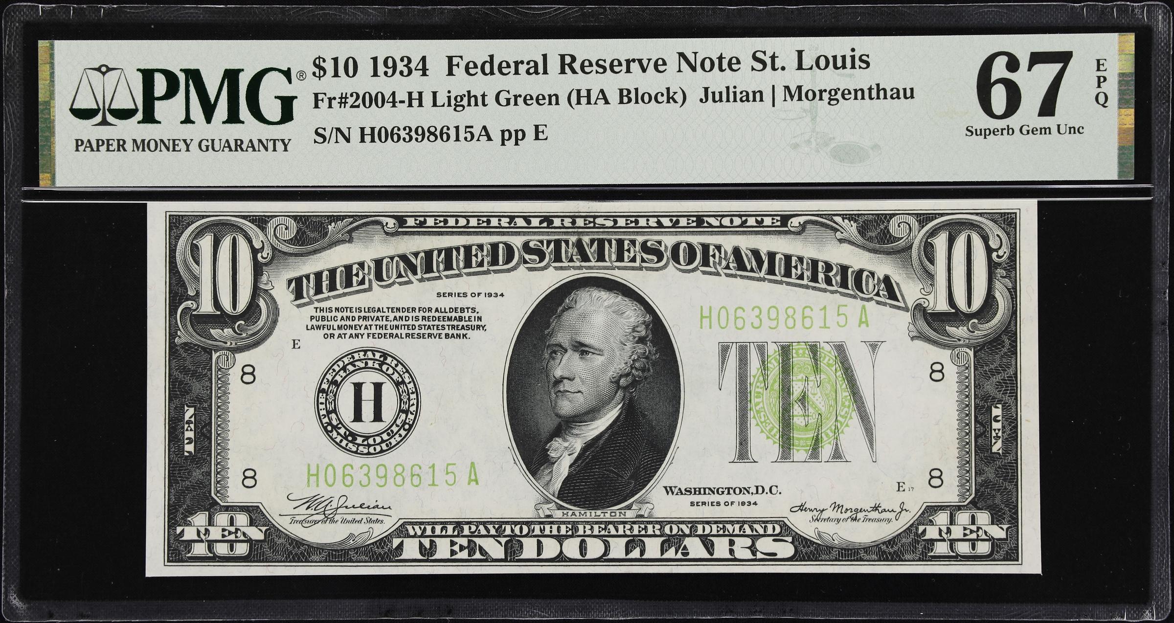 image for: Fr. 2004-H. 1934 Light Green Seal $10 Federal Reserve Note. St. Louis. PMG Superb Gem Uncirculated 67 EPQ.