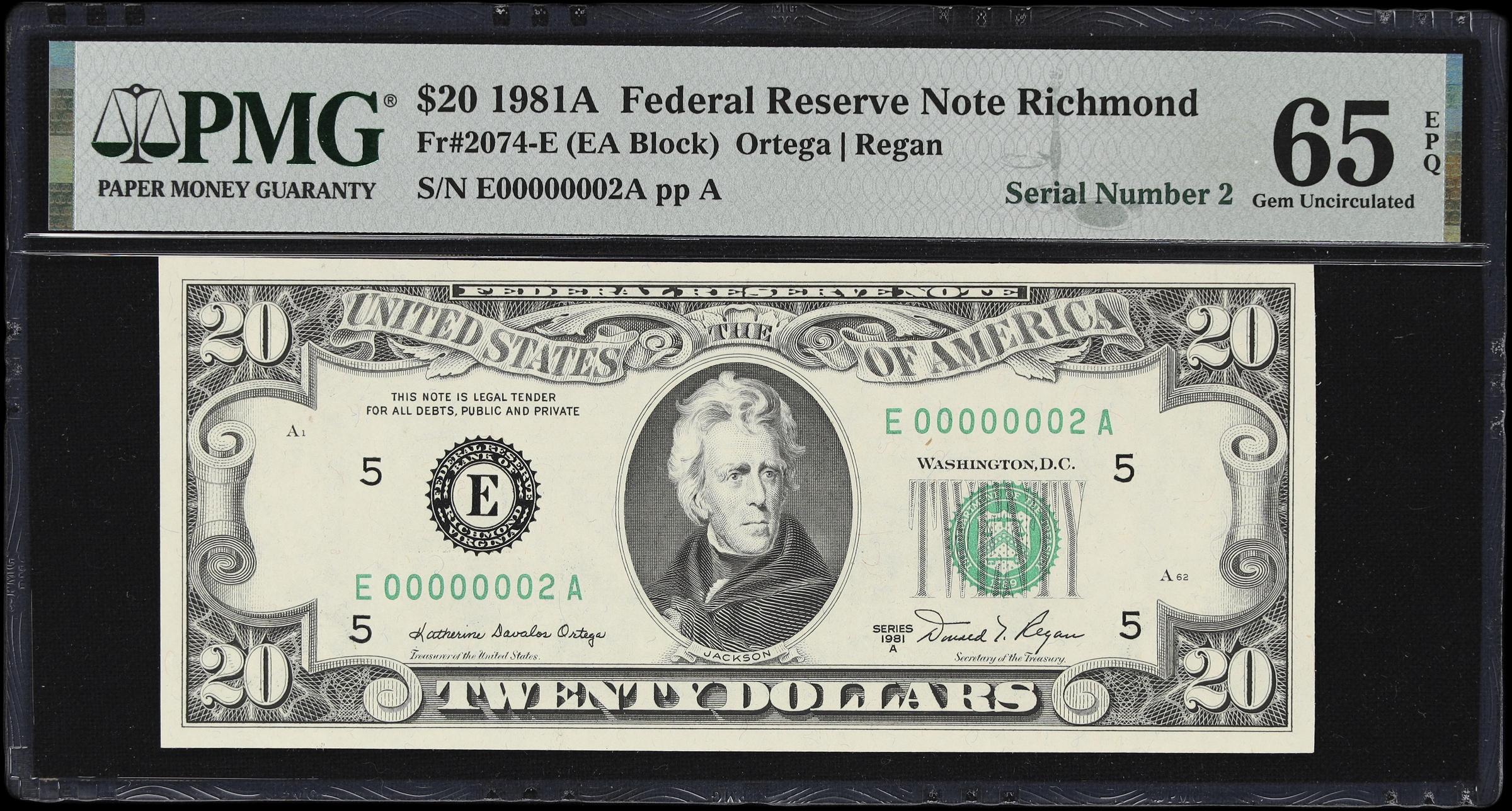 image for: Fr. 2074-E. 1981A $20 Federal Reserve Note. Richmond. PMG Gem Uncirculated 65 EPQ. Serial Number 2.