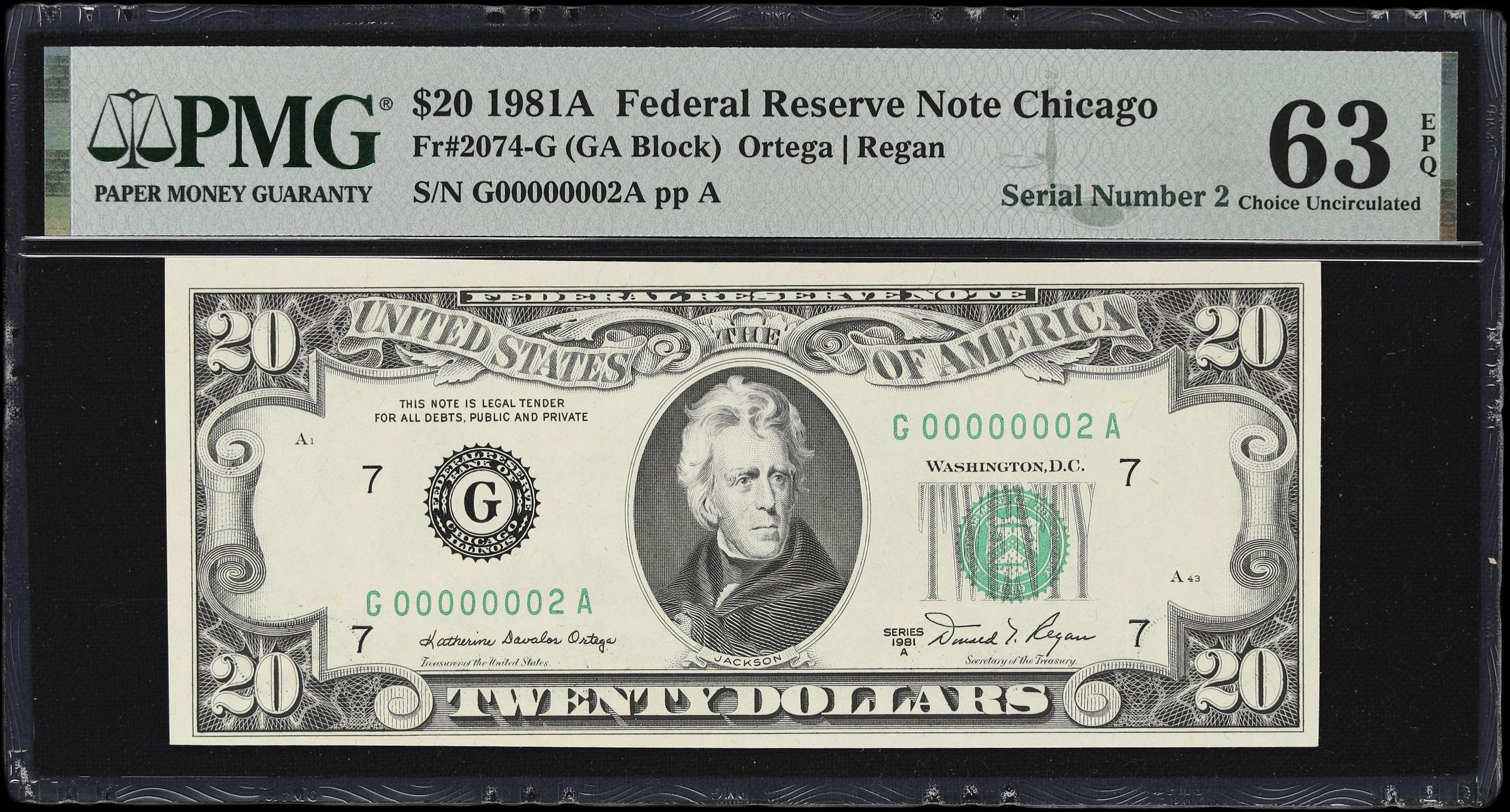 image for: Fr. 2074-G. 1981A $20 Federal Reserve Note. Chicago. PMG Choice Uncirculated 63 EPQ. Serial Number 2.