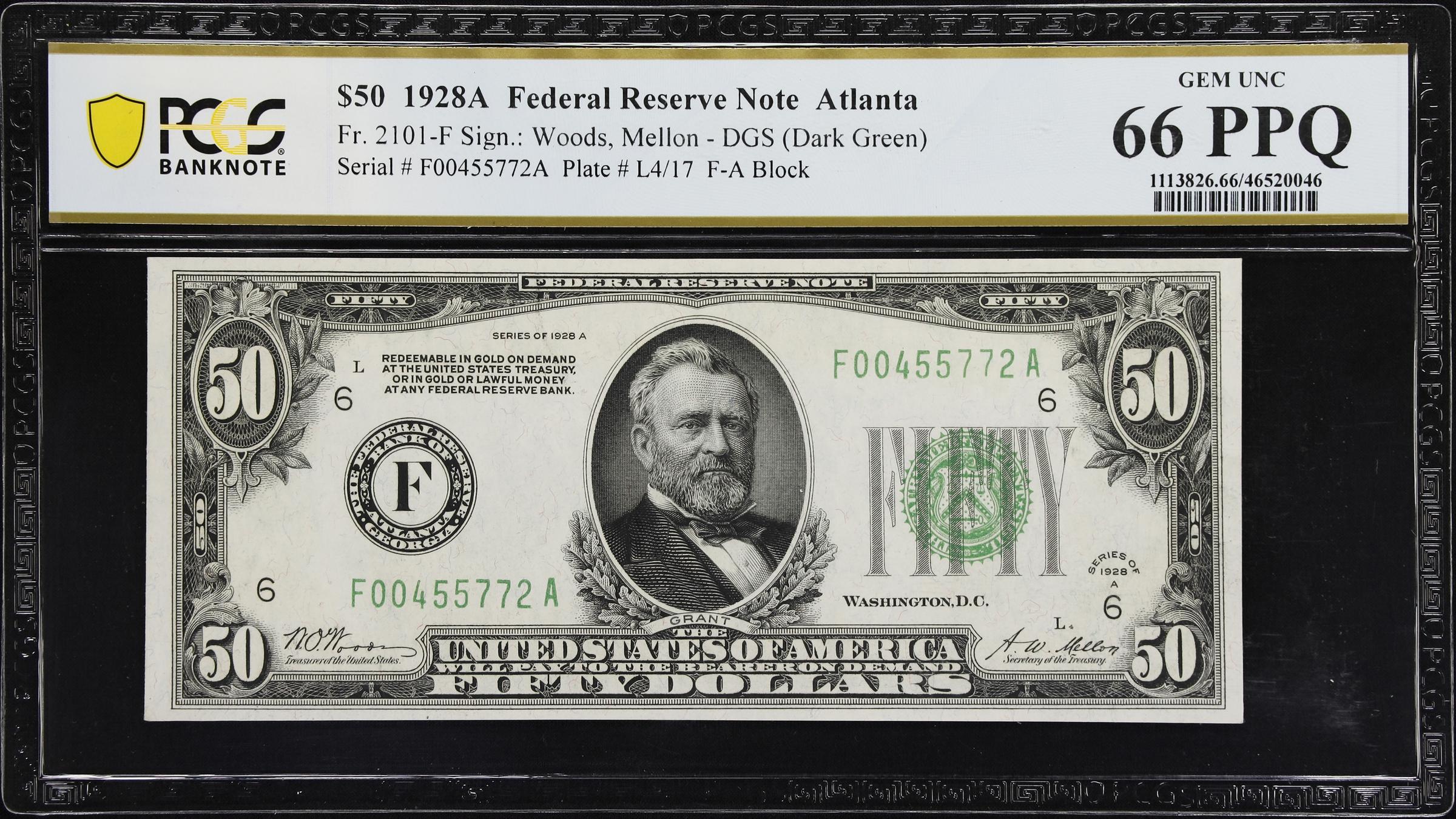 image for: Fr. 2101-F. 1928A Dark Green Seal $50 Federal Reserve Note. Atlanta. PCGS Banknote Gem Uncirculated 66 PPQ.