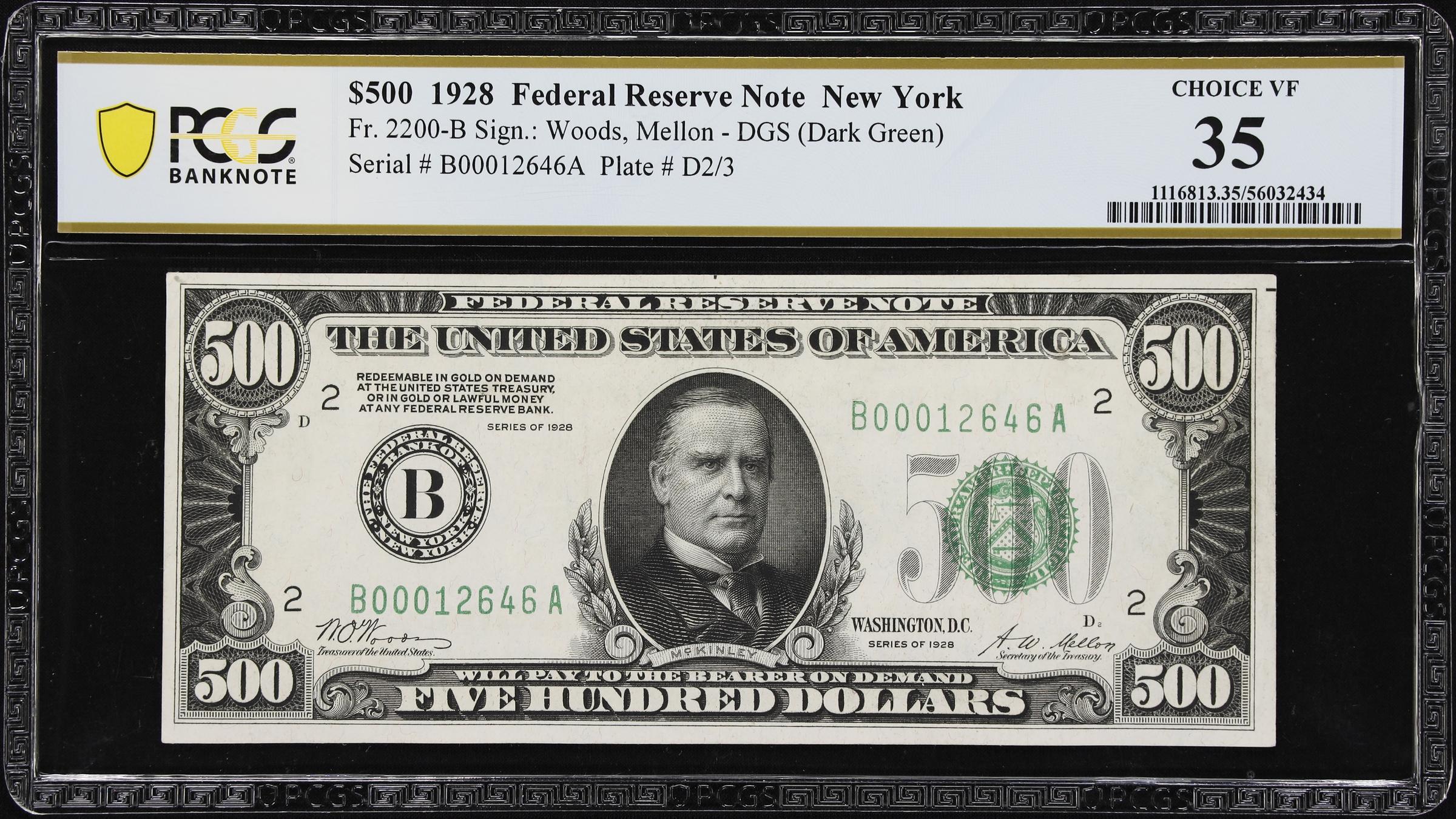 image for: Fr. 2200-B. 1928 Dark Green Seal $500 Federal Reserve Note. New York. PCGS Banknote Choice Very Fine 35.