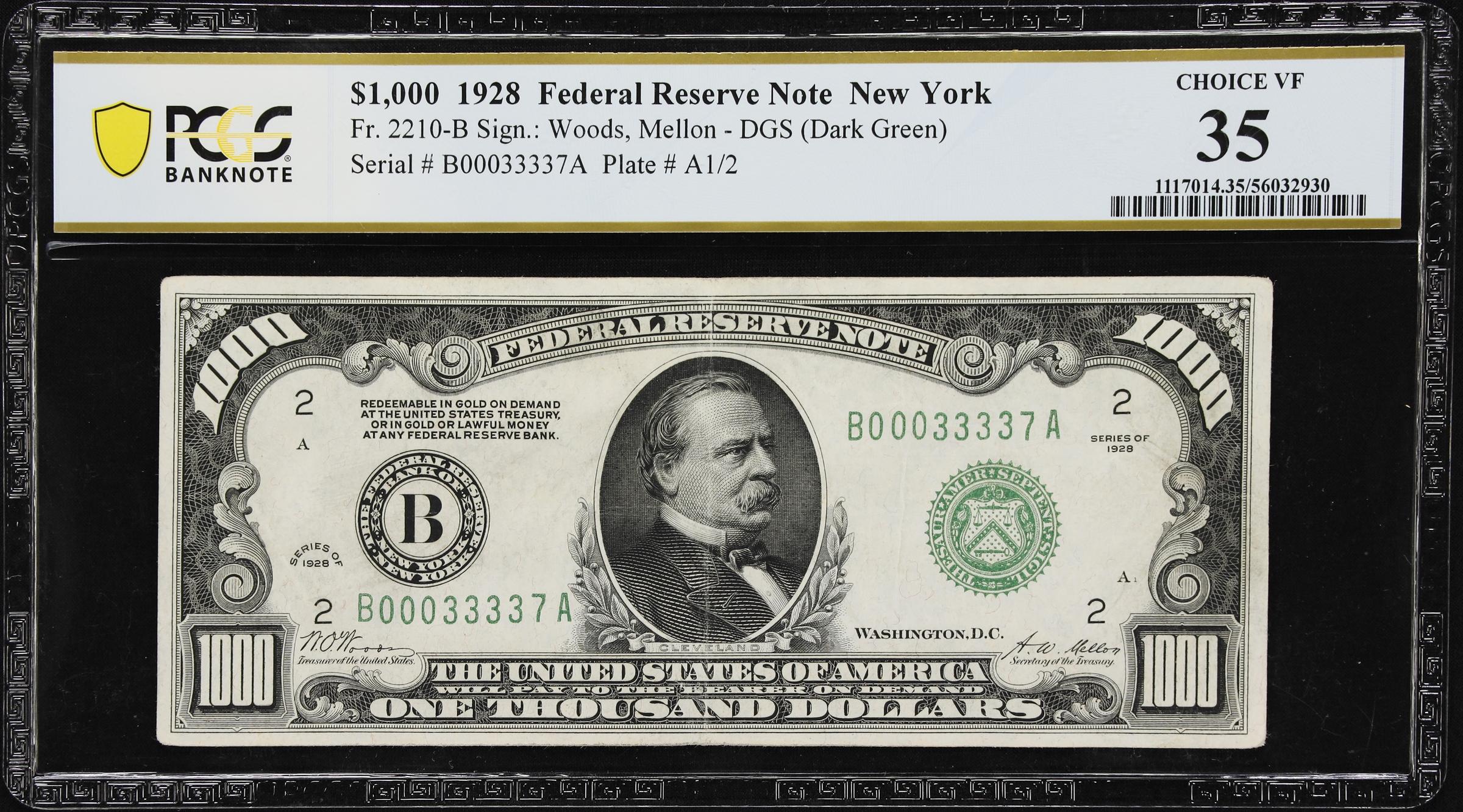 image for: Fr. 2210-B. 1928 Dark Green Seal $1000 Federal Reserve Note. New York. PCGS Banknote Choice Very Fine 35.