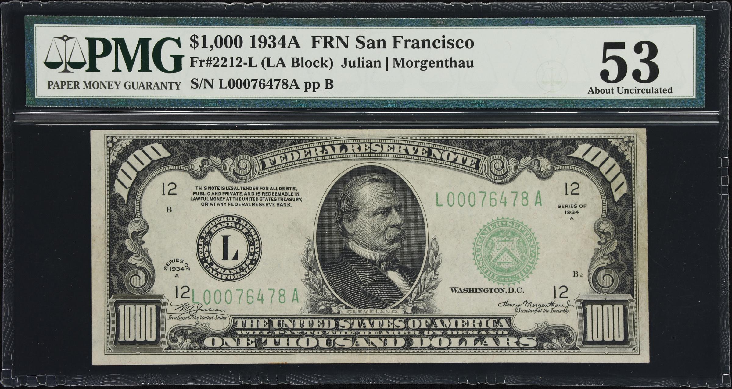 image for: Fr. 2212-L. 1934A $1000 Federal Reserve Note. San Francisco. PMG About Uncirculated 53.