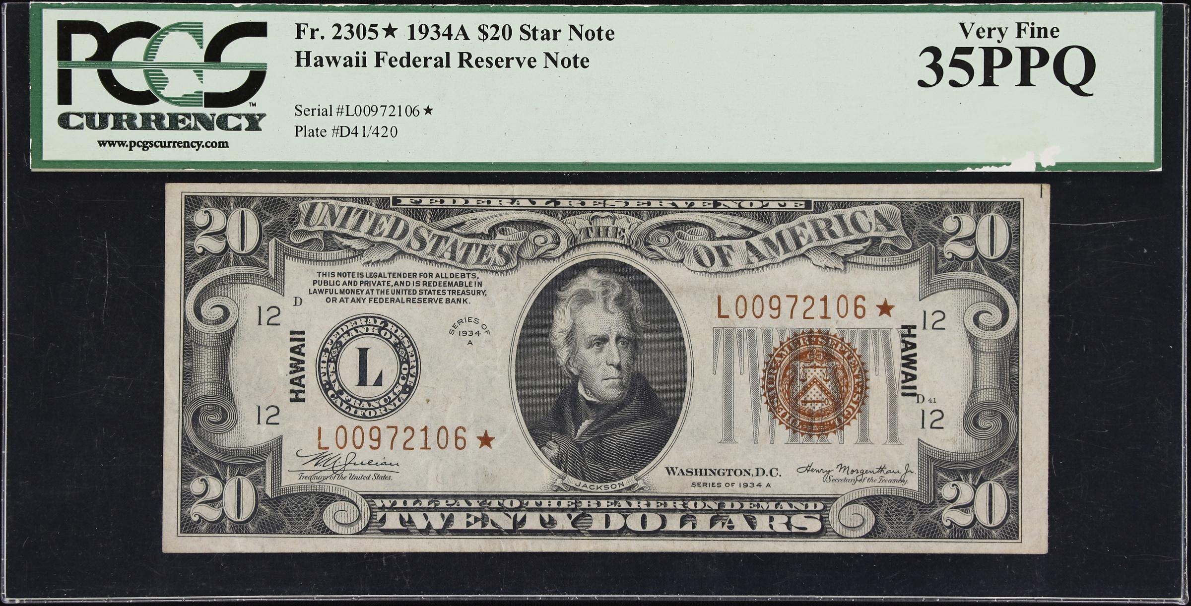 image for: Fr. 2305*. 1934A $20 Hawaii Emergency Star Note. PCGS Currency Very Fine 35 PPQ.