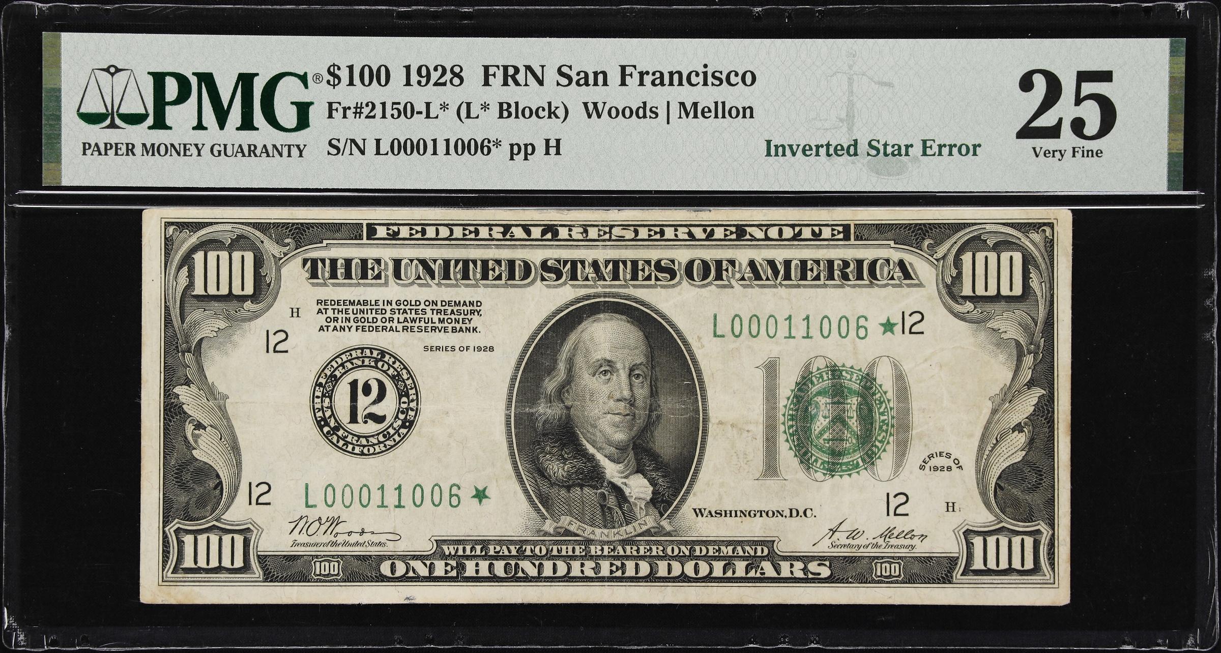 image for: Fr. 2150-L*. 1928 $100 Federal Reserve Star Note. San Francisco. PMG Very Fine 25. Inverted Star Error.