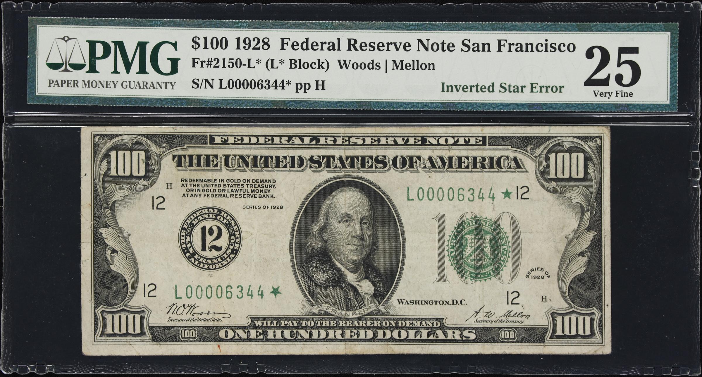 image for: Fr. 2150-L*. 1928 $100 Federal Reserve Star Note. San Francisco. PMG Very Fine 25. Inverted Star Error.