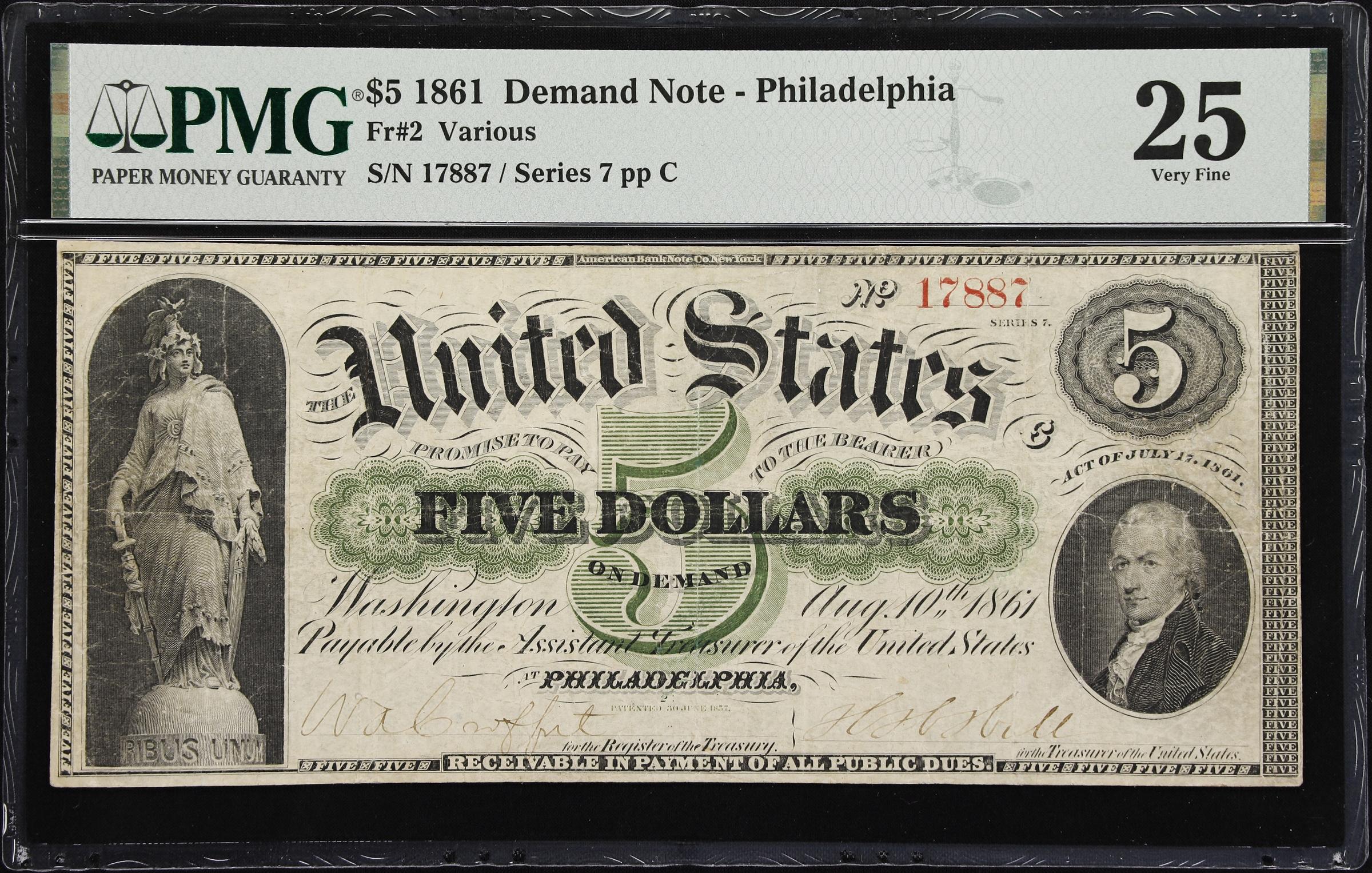 image for: Fr. 2. 1861 $5 Demand Note. PMG Very Fine 25.