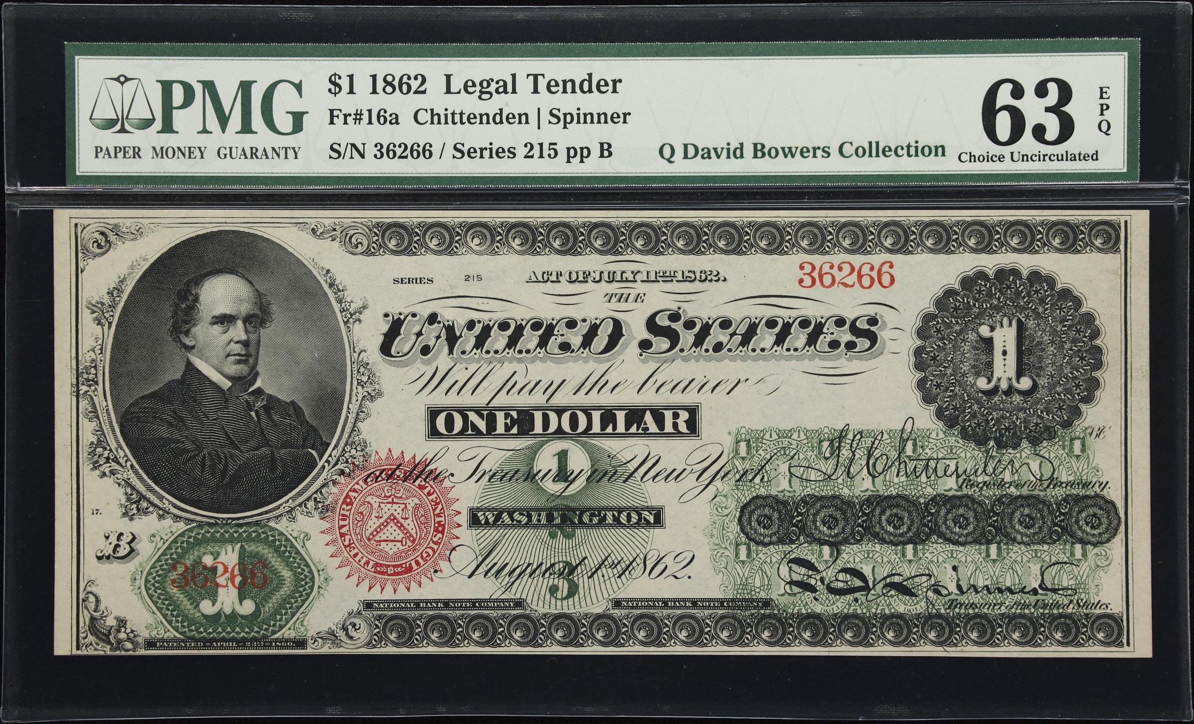 image for: Fr. 16a. 1862 $1 Legal Tender Note. PMG Choice Uncirculated 63 EPQ.