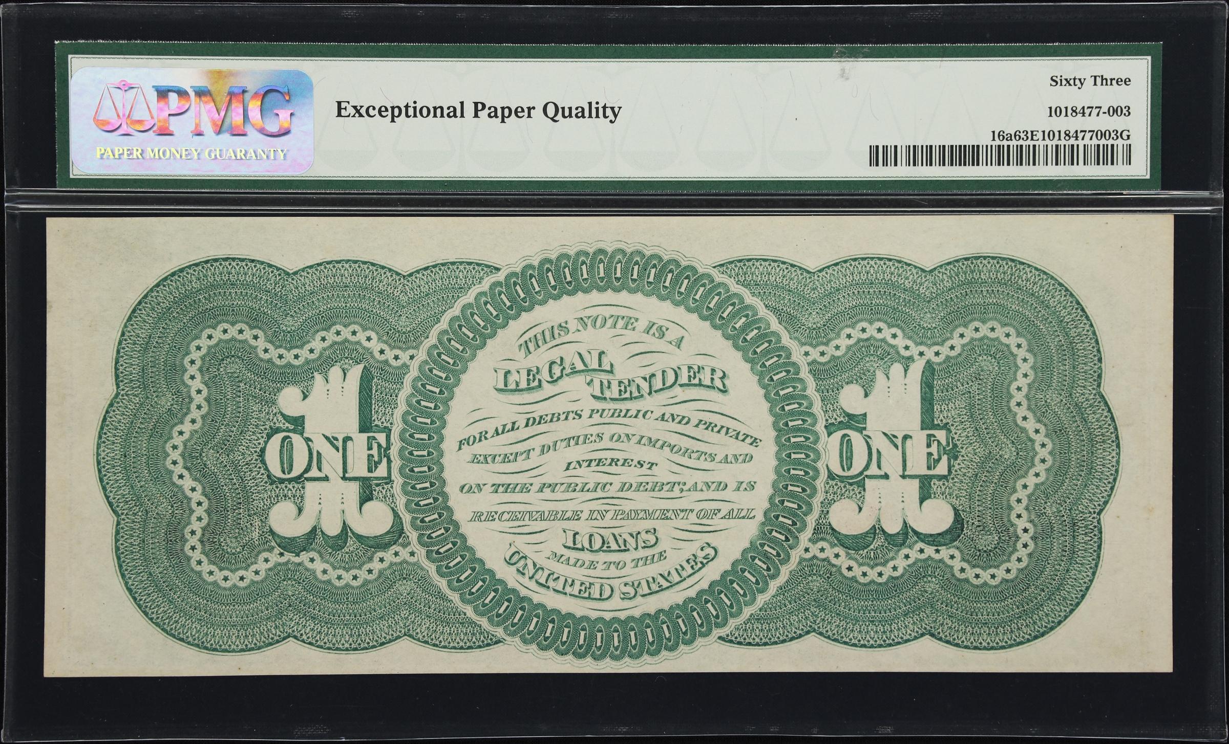 image for: Fr. 16a. 1862 $1 Legal Tender Note. PMG Choice Uncirculated 63 EPQ.