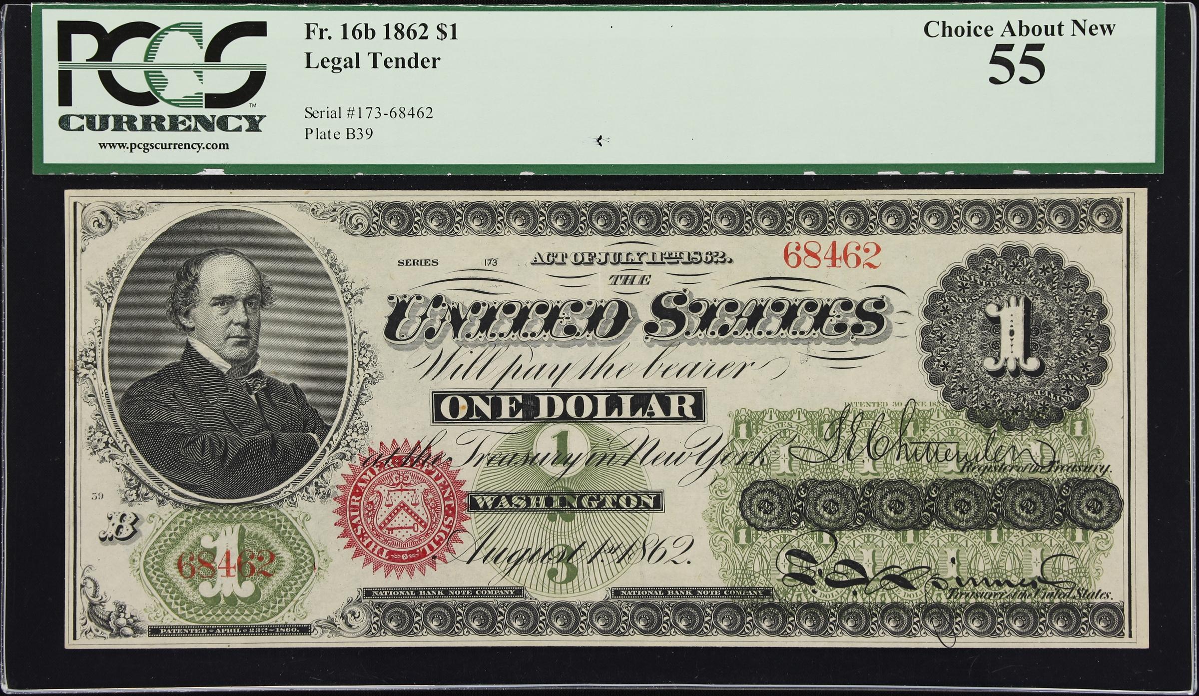 image for: Fr. 16b. 1862 $1 Legal Tender Note. PCGS Currency Choice About New 55.