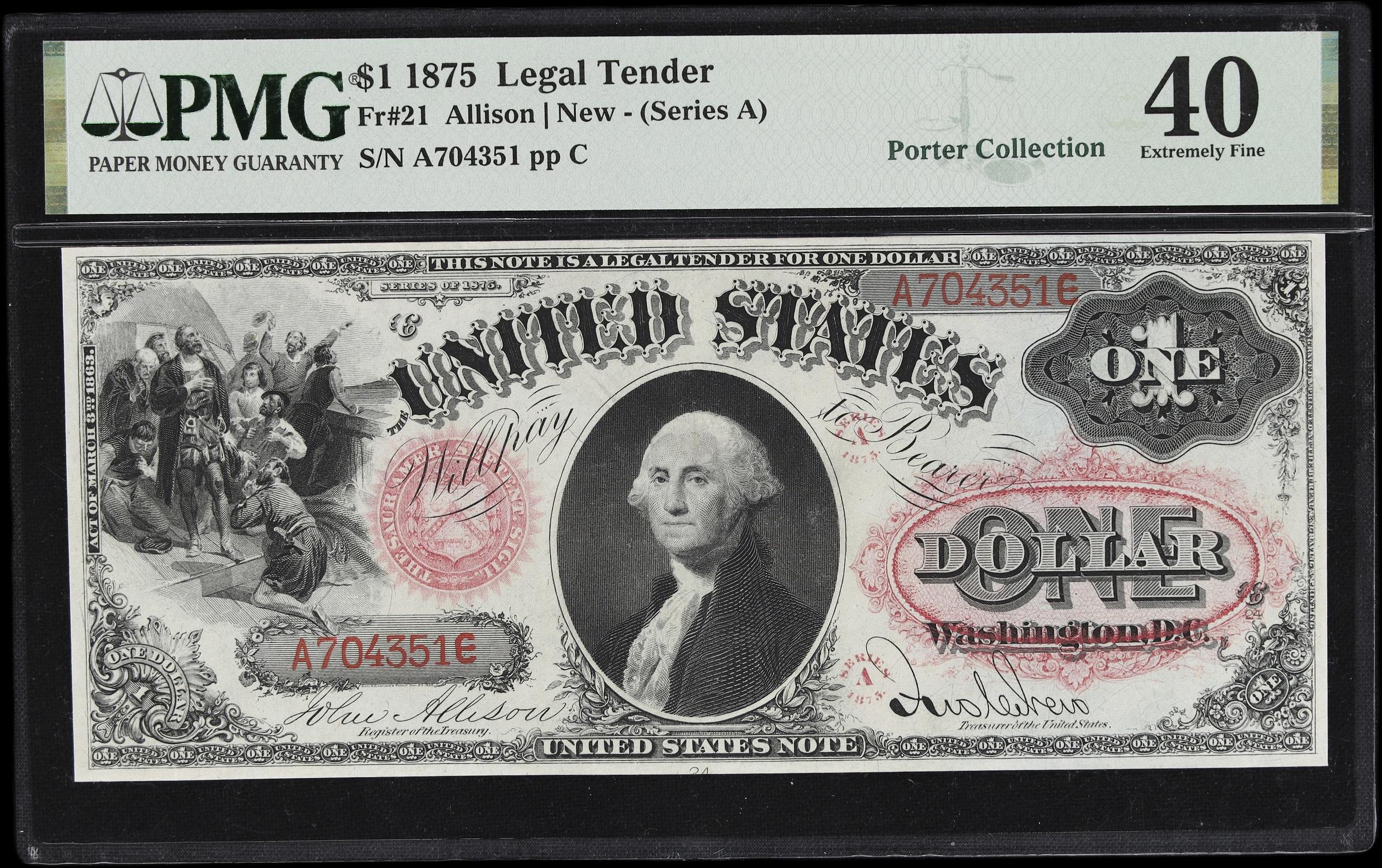 image for: Fr. 21. 1875 $1 Legal Tender Note. PMG Extremely Fine 40.